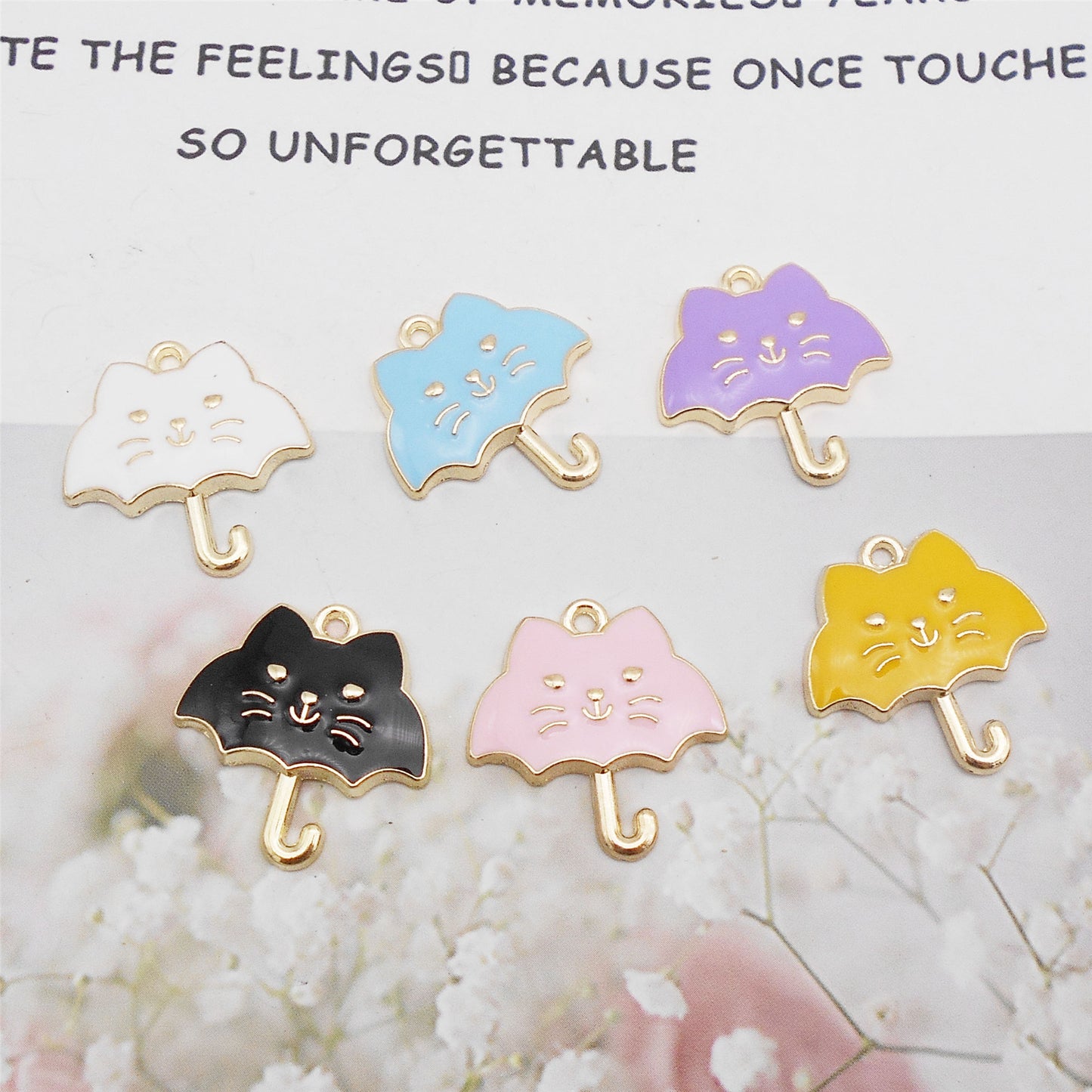 6Pcs Alloy Umbrella-Shaped Cat Charm 23x24mm Kawaii Enamel Jewelry Pendant DIY Making Accessories Crafts Key Chain Decor