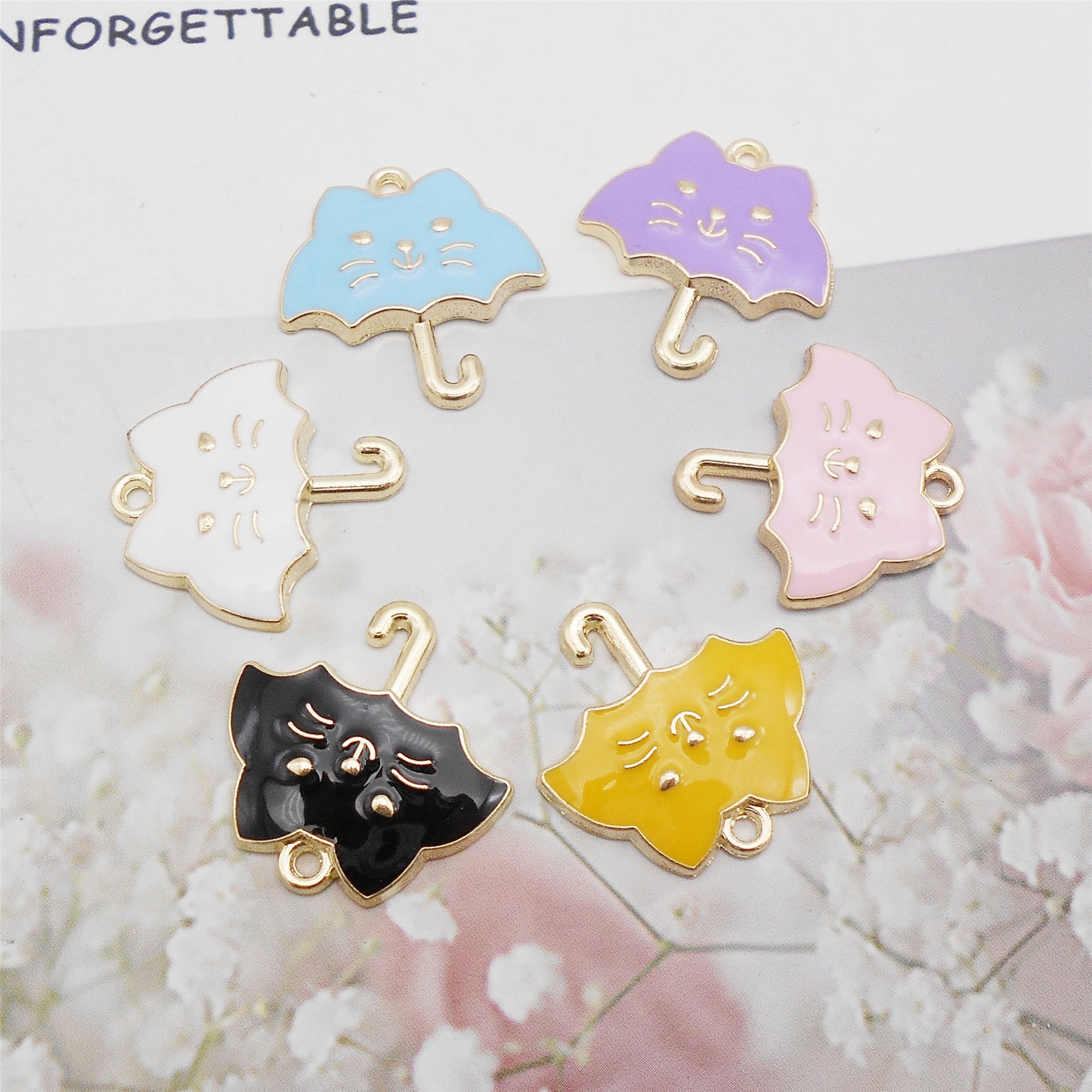 6Pcs Alloy Umbrella-Shaped Cat Charm 23x24mm Kawaii Enamel Jewelry Pendant DIY Making Accessories Crafts Key Chain Decor