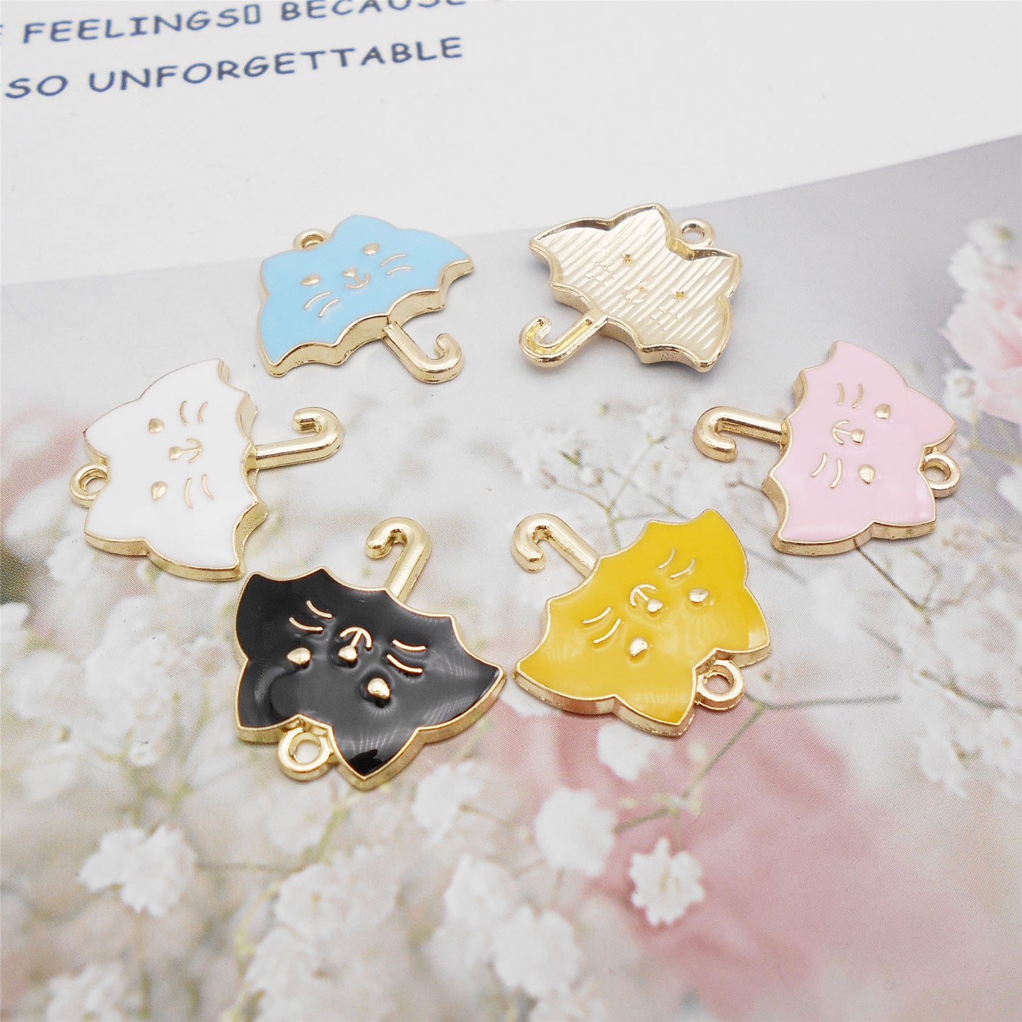 6Pcs Alloy Umbrella-Shaped Cat Charm 23x24mm Kawaii Enamel Jewelry Pendant DIY Making Accessories Crafts Key Chain Decor