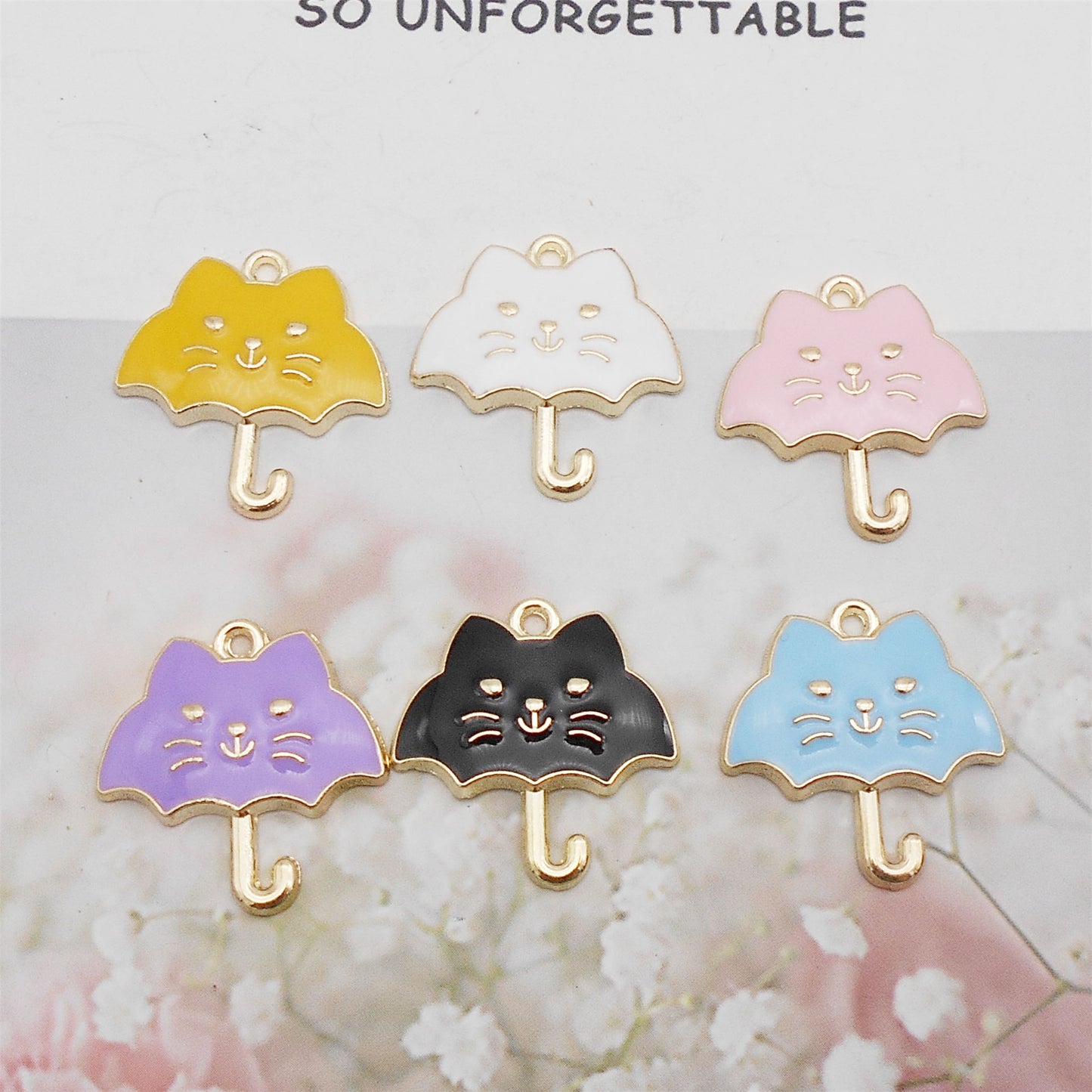 6Pcs Alloy Umbrella-Shaped Cat Charm 23x24mm Kawaii Enamel Jewelry Pendant DIY Making Accessories Crafts Key Chain Decor