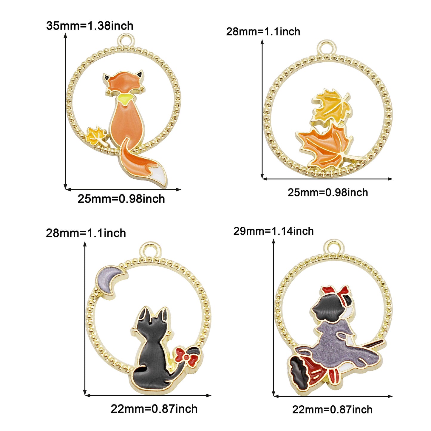 4Pcs Alloy Round Frame Cat Fox Charm Enamel Maple Pendant Girl Riding Flying Broom Design DIY Jewelry Making Accessory Crafts Phone Chain Key Chain Decor