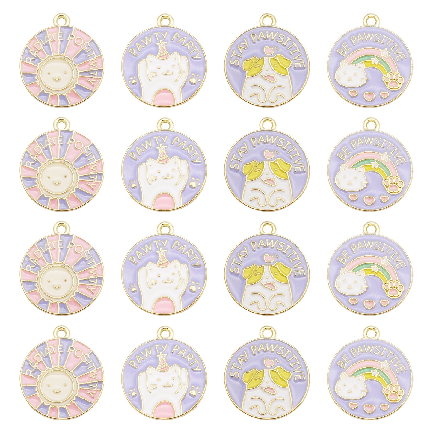 4Pcs 23x20mm Round Alloy Charm Enamel Cat Dog Rainbow Sun Design Pendant DIY Jewelry Making Accessory Crafts Phone Chain Decor