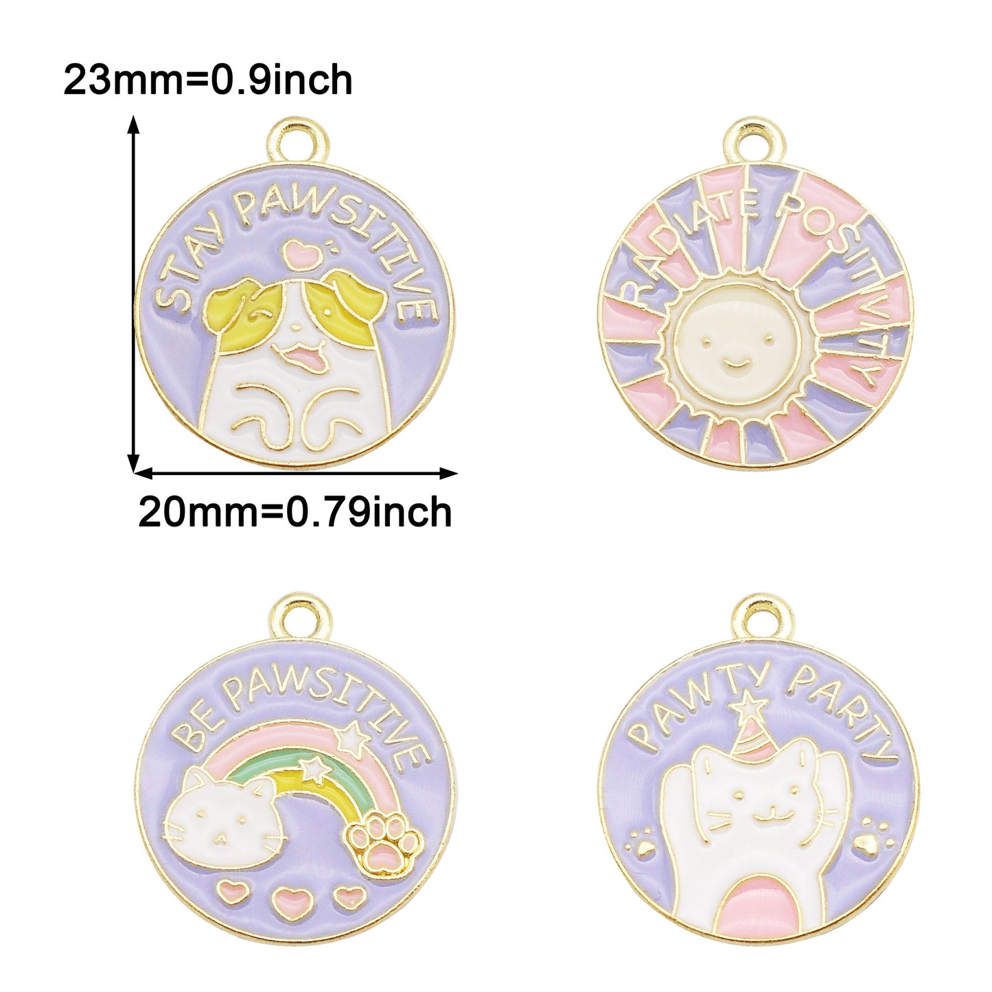 4Pcs 23x20mm Round Alloy Charm Enamel Cat Dog Rainbow Sun Design Pendant DIY Jewelry Making Accessory Crafts Phone Chain Decor