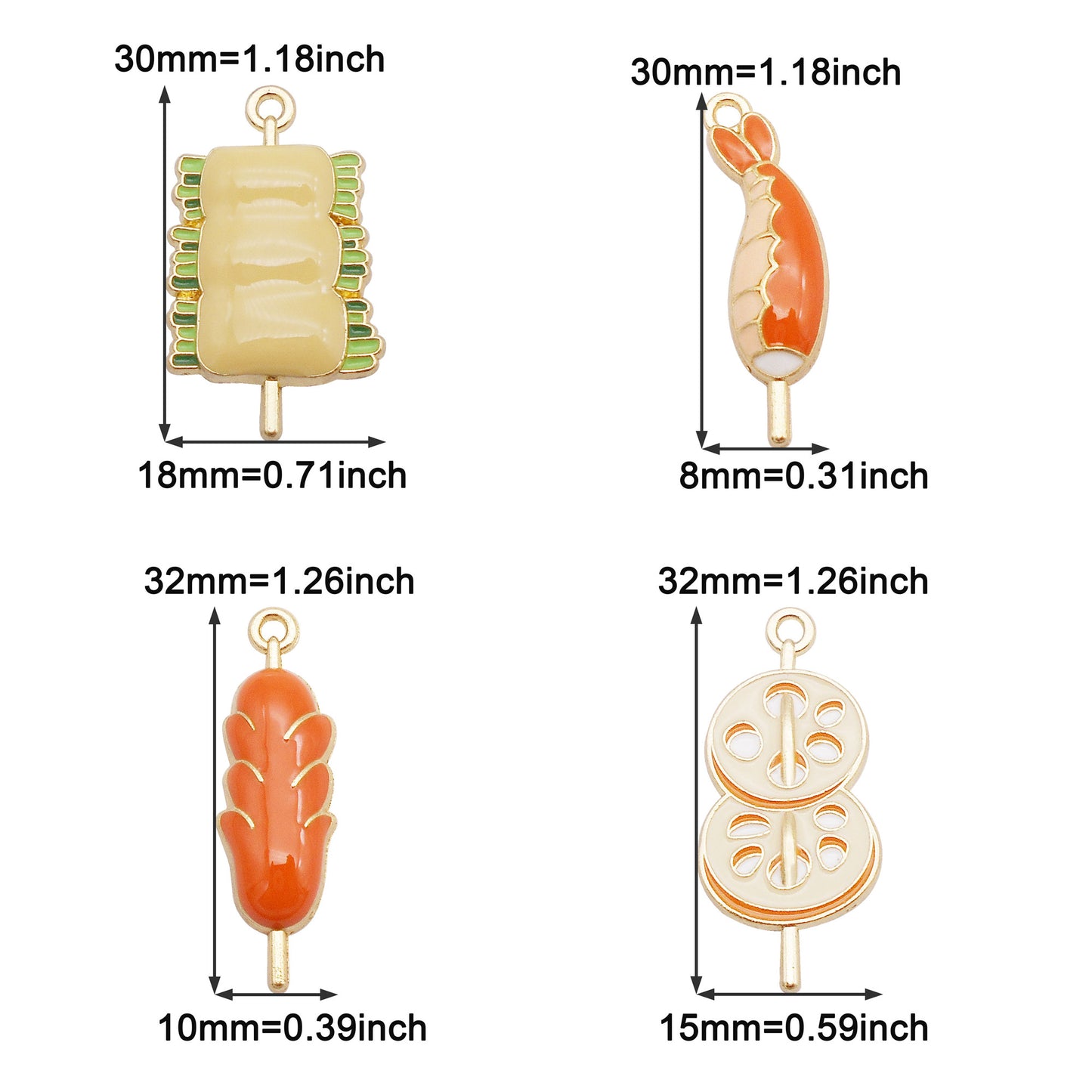 4Pcs Enamel Alloy Charm BBQ Sausage Lotus Root Slice Grilled Fish Design DIY Crafts Decor Jewelry Necklace Bracelet Earrings Pendant Accessory
