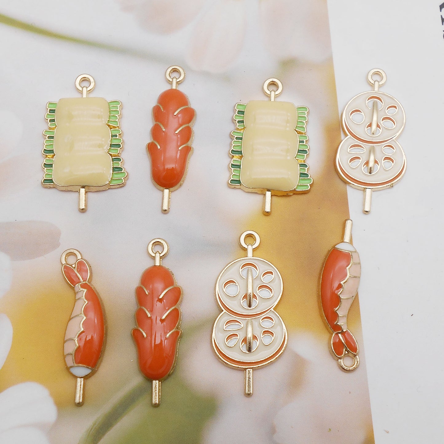 4Pcs Enamel Alloy Charm BBQ Sausage Lotus Root Slice Grilled Fish Design DIY Crafts Decor Jewelry Necklace Bracelet Earrings Pendant Accessory