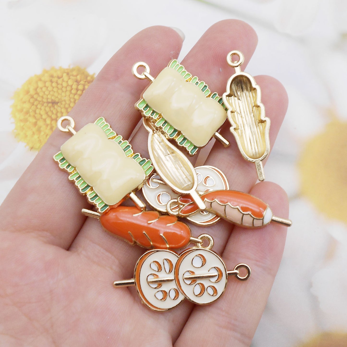 4Pcs Enamel Alloy Charm BBQ Sausage Lotus Root Slice Grilled Fish Design DIY Crafts Decor Jewelry Necklace Bracelet Earrings Pendant Accessory