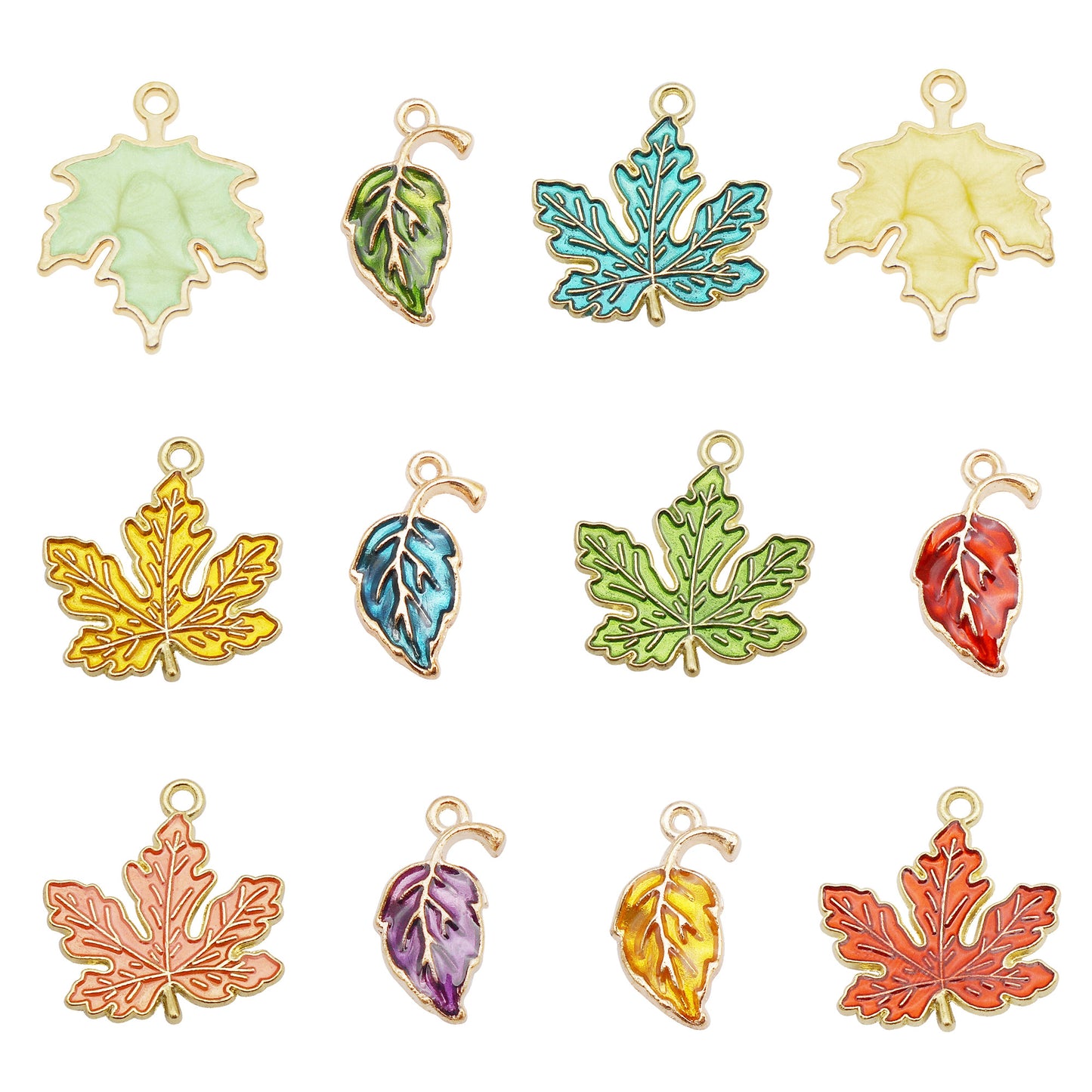 12Pcs Mixed Alloy Plant Leaf Charm Enamel Maple Leaf Pendant for DIY Necklace Bracelet Earrings Jewelry Making Crafts Phone Chain Decor