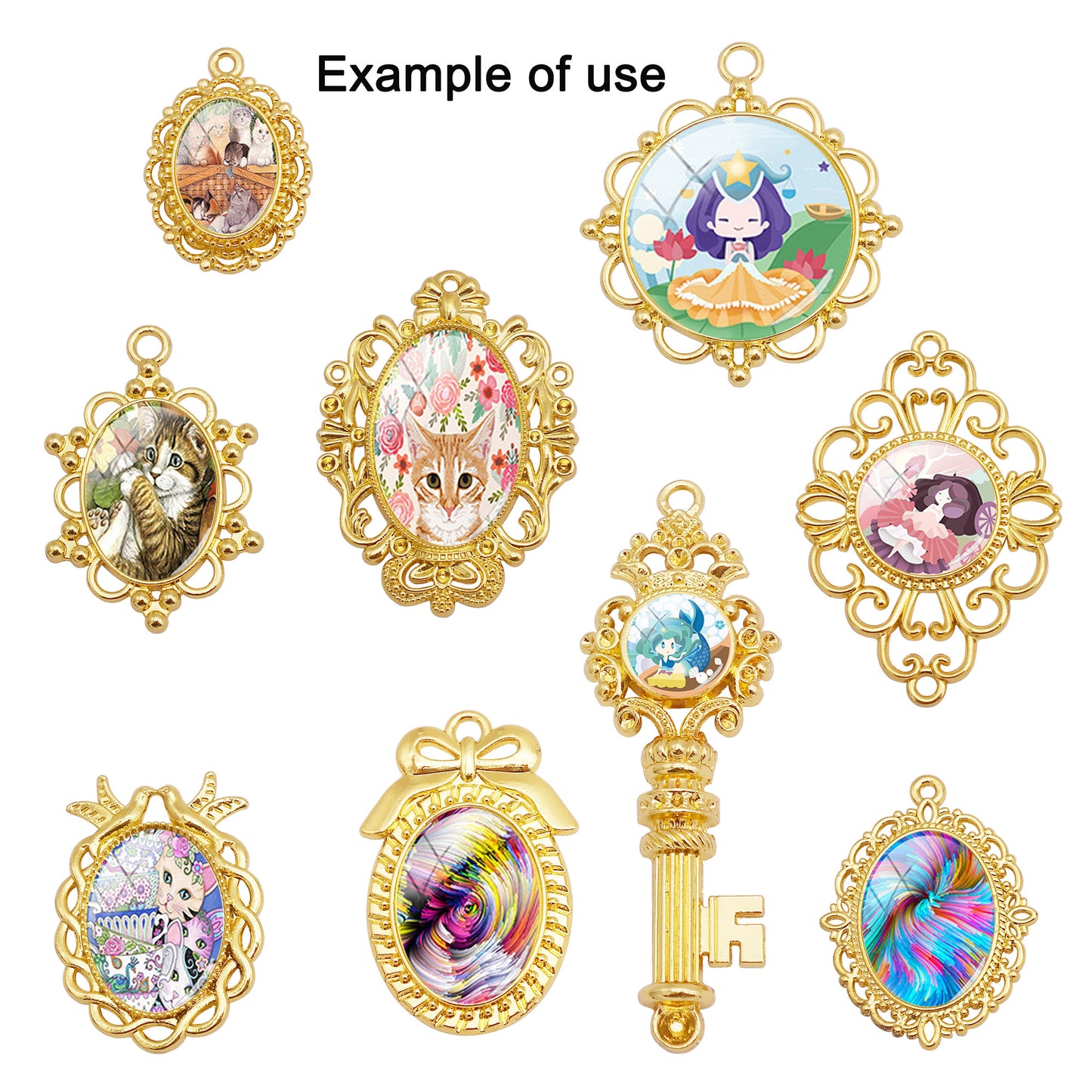 2pcs Alloy Bezel Setting Photos Cabochons Pendant Tray Round & Oval Frame Key Design Charm for Jewelry Necklace Bracelet Making DIY Crafts Decor