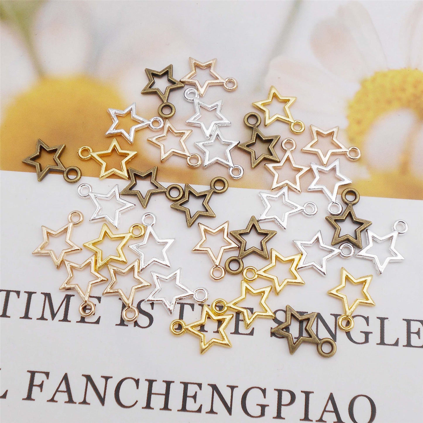 50Pcs Alloy Mini Star Charm Retro Hollowed Pentagram Design DIY Jewelry Making Supplies Necklace Bracelet Earrings Pendant Accessory 10x12mm
