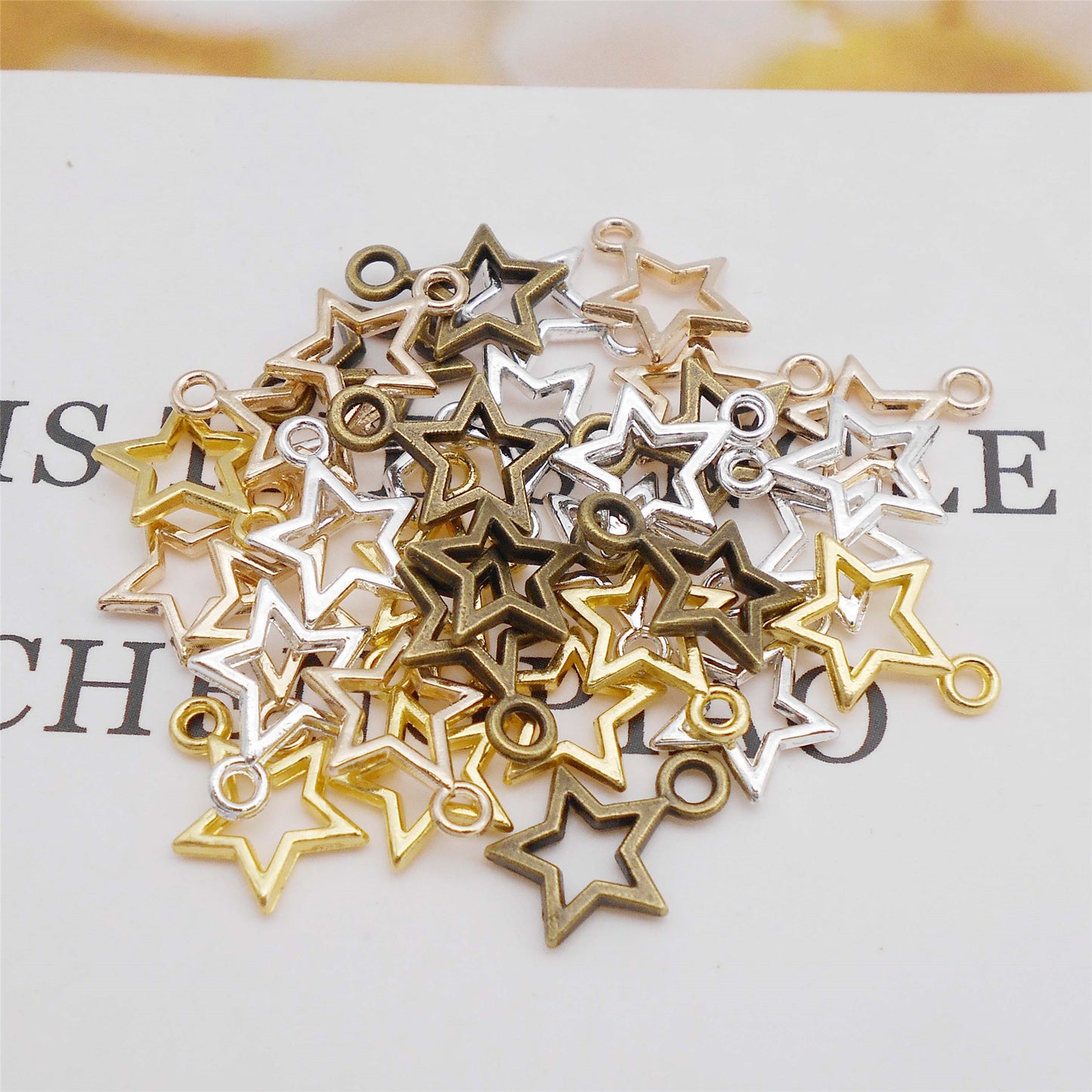 50Pcs Alloy Mini Star Charm Retro Hollowed Pentagram Design DIY Jewelry Making Supplies Necklace Bracelet Earrings Pendant Accessory 10x12mm