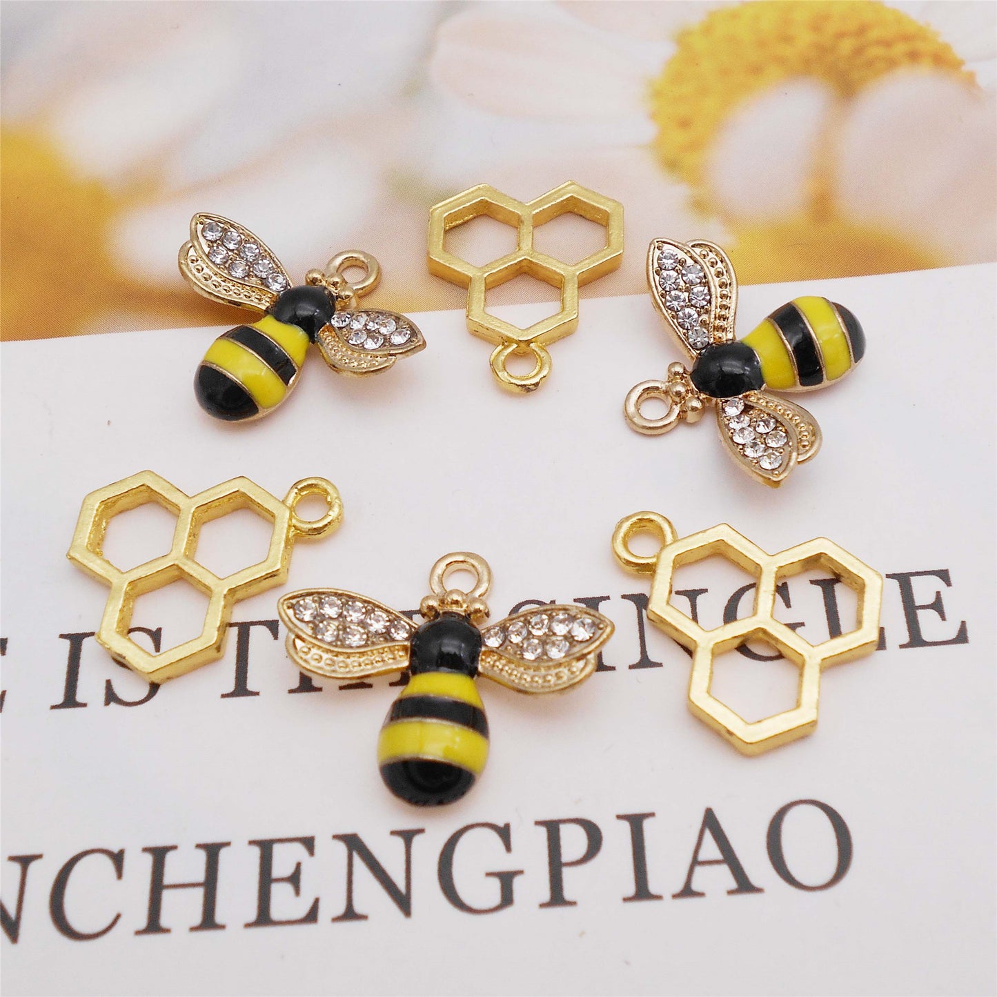 4Pcs Enamel Honeybee Charm with Crystal Rhinestones Minimalist Honeycomb Pendant Alloy DIY Making Accessory Jewelry Necklace Bracelet Earrings Decor