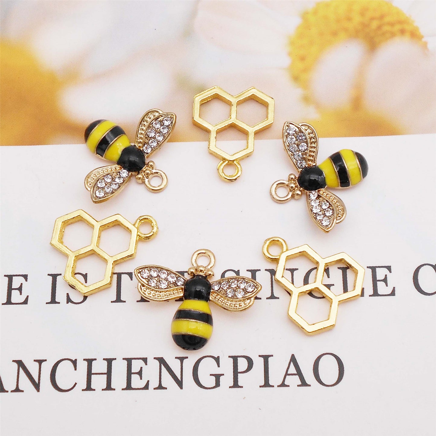 4Pcs Enamel Honeybee Charm with Crystal Rhinestones Minimalist Honeycomb Pendant Alloy DIY Making Accessory Jewelry Necklace Bracelet Earrings Decor