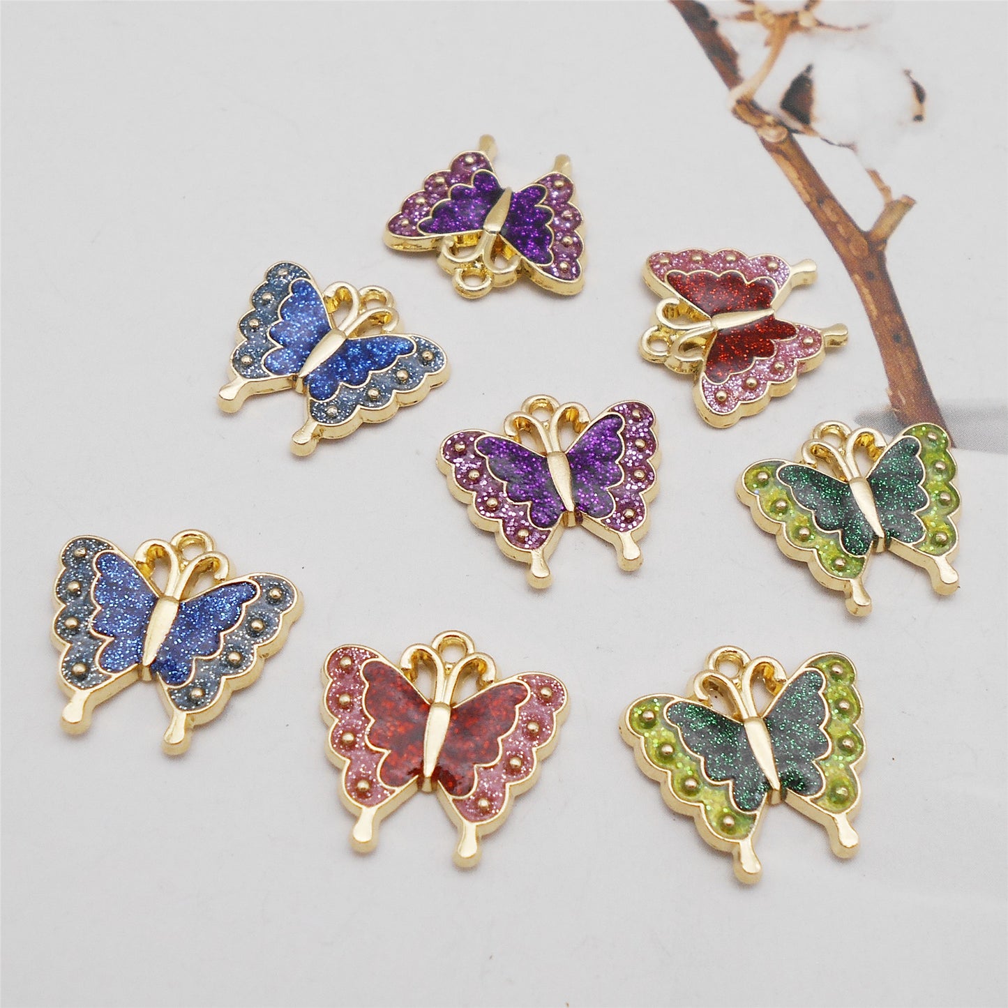 8Pcs Quality Plated Alloy Butterfly Charm 18x17mm Sparkling Enamel Insect Pendant for Jewelry Necklace Bracelet Making DIY Crafts Keychain Decor