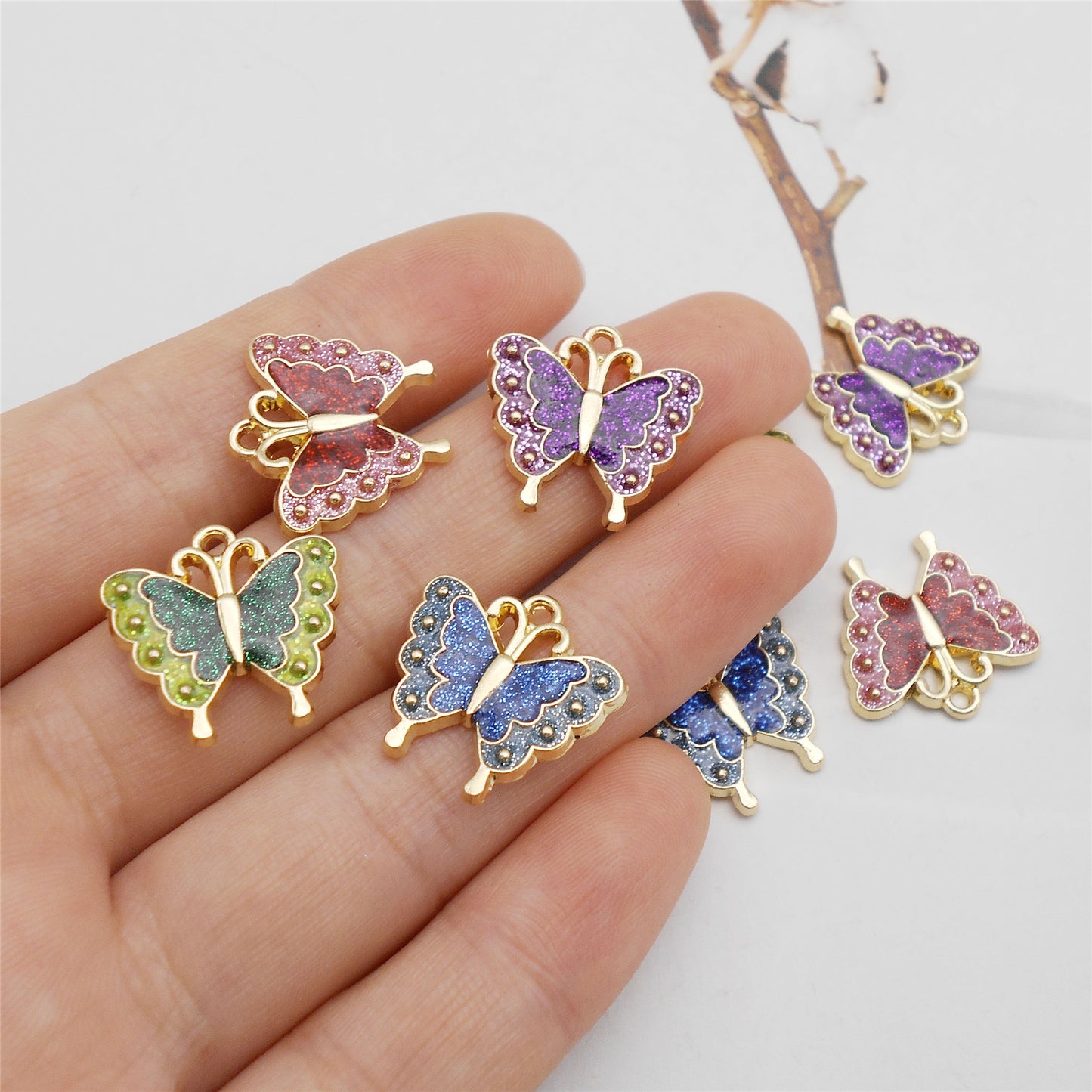 8Pcs Quality Plated Alloy Butterfly Charm 18x17mm Sparkling Enamel Insect Pendant for Jewelry Necklace Bracelet Making DIY Crafts Keychain Decor