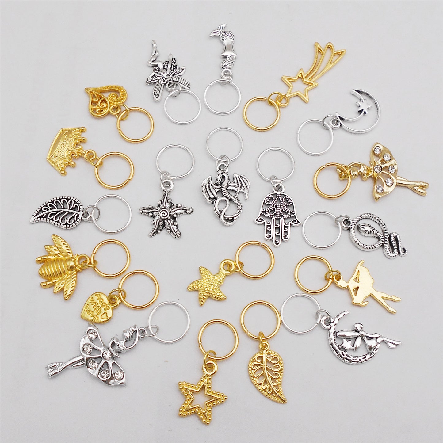 20Pcs Alloy Heart Moon Leaf Dangle Charm with Open Hoop for DIY Jewelry Making Accessories, Hair Braids Dreadlock Decor