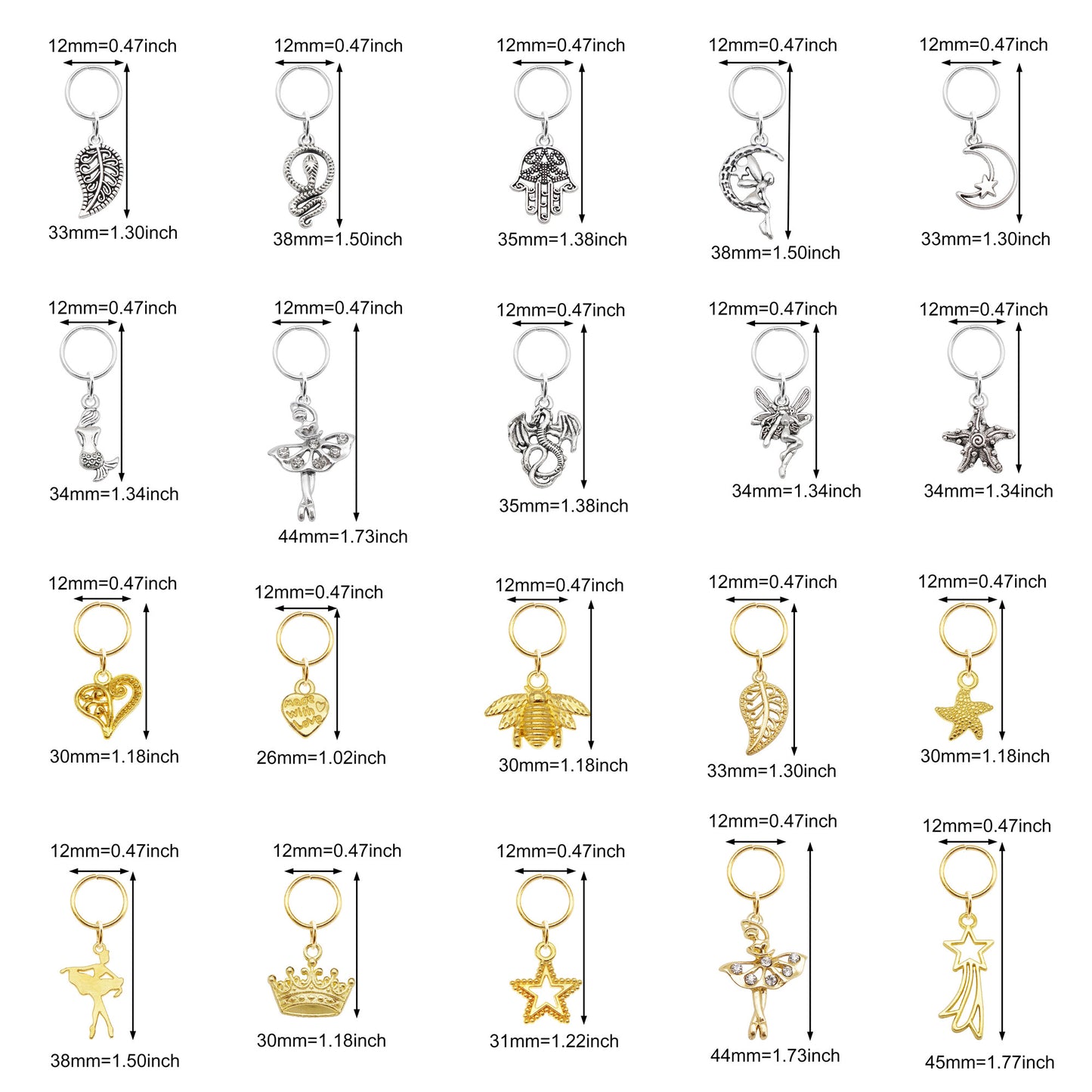 20Pcs Alloy Heart Moon Leaf Dangle Charm with Open Hoop for DIY Jewelry Making Accessories, Hair Braids Dreadlock Decor