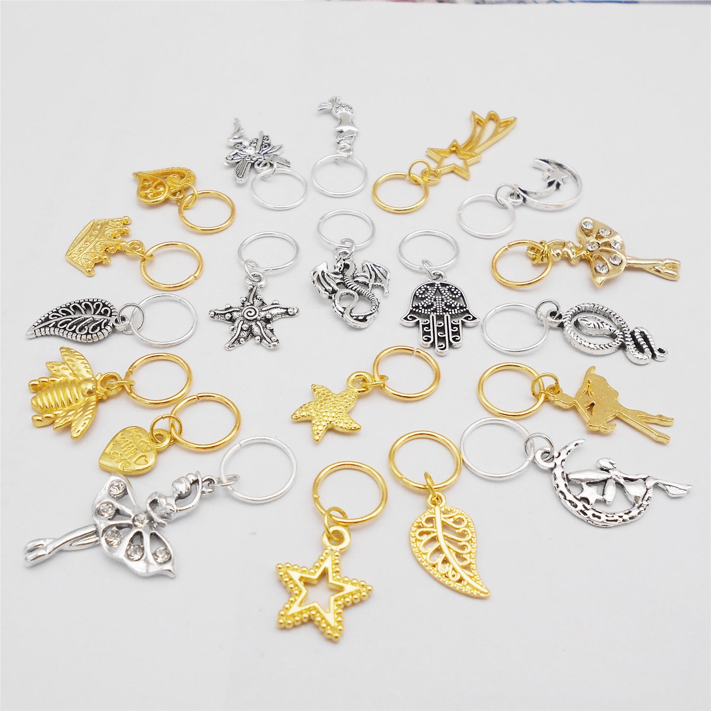 20Pcs Alloy Heart Moon Leaf Dangle Charm with Open Hoop for DIY Jewelry Making Accessories, Hair Braids Dreadlock Decor