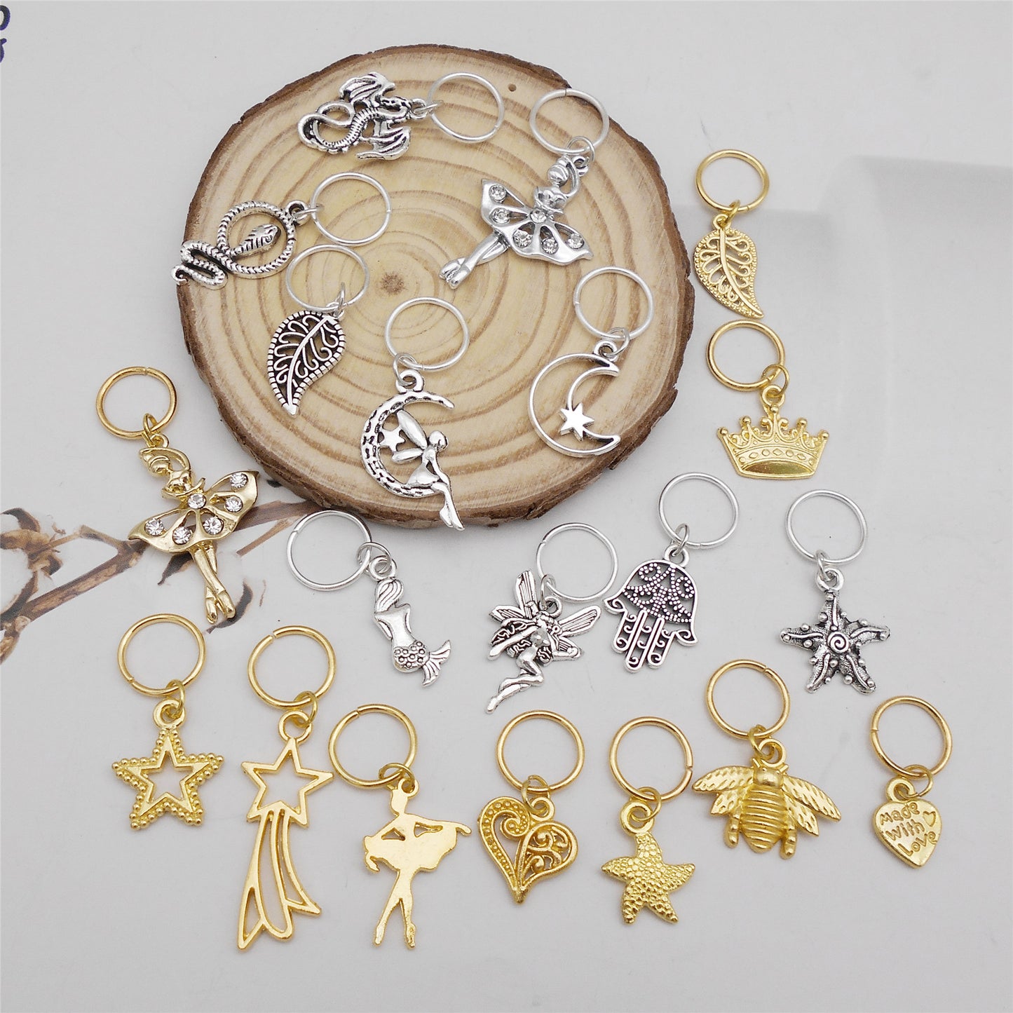 20Pcs Alloy Heart Moon Leaf Dangle Charm with Open Hoop for DIY Jewelry Making Accessories, Hair Braids Dreadlock Decor