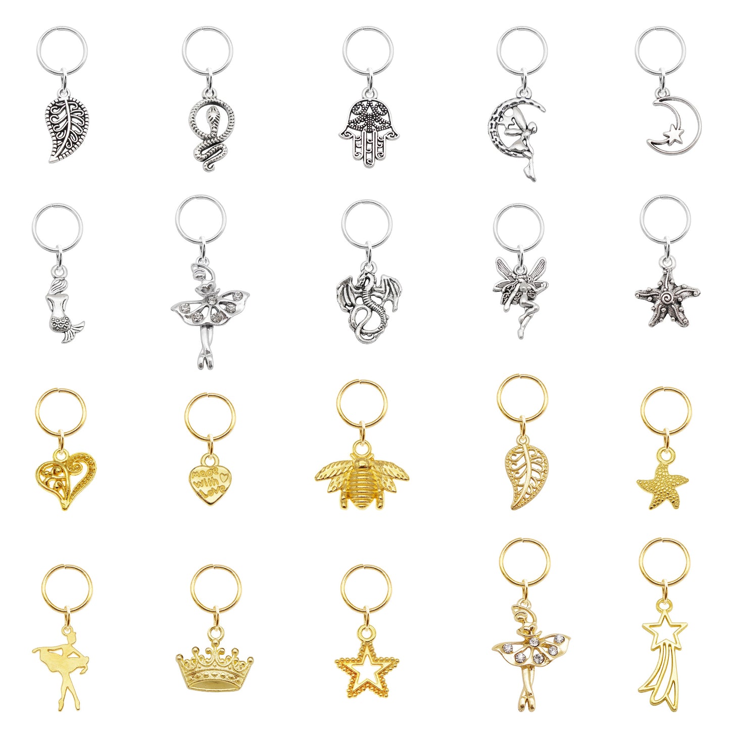 20Pcs Alloy Heart Moon Leaf Dangle Charm with Open Hoop for DIY Jewelry Making Accessories, Hair Braids Dreadlock Decor