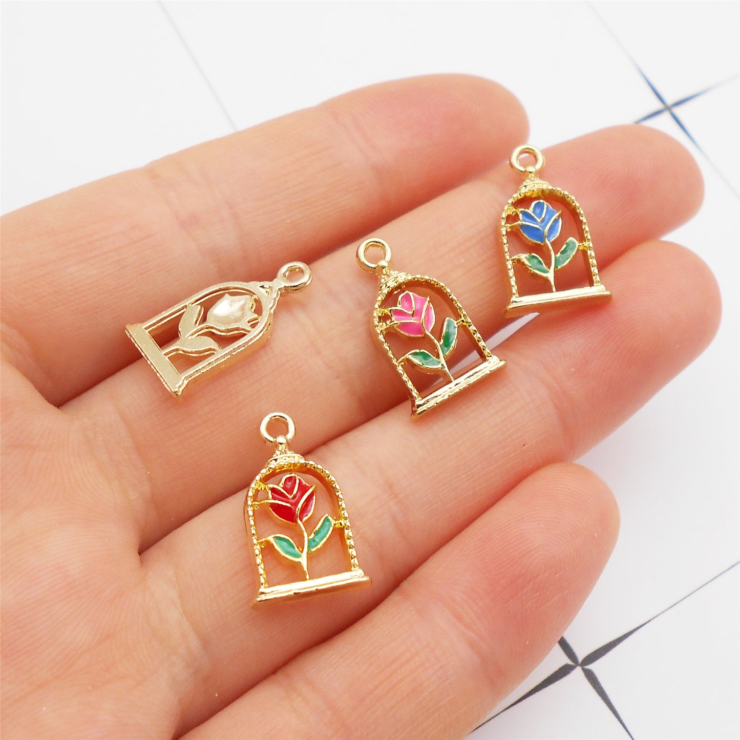 6Pcs Alloy Frame Enamel Rose Charm 11x18mm Flower Pendant for Jewelry Necklace Bracelet Earrings Making DIY Craft Supplies Key Chain Dangle Decor