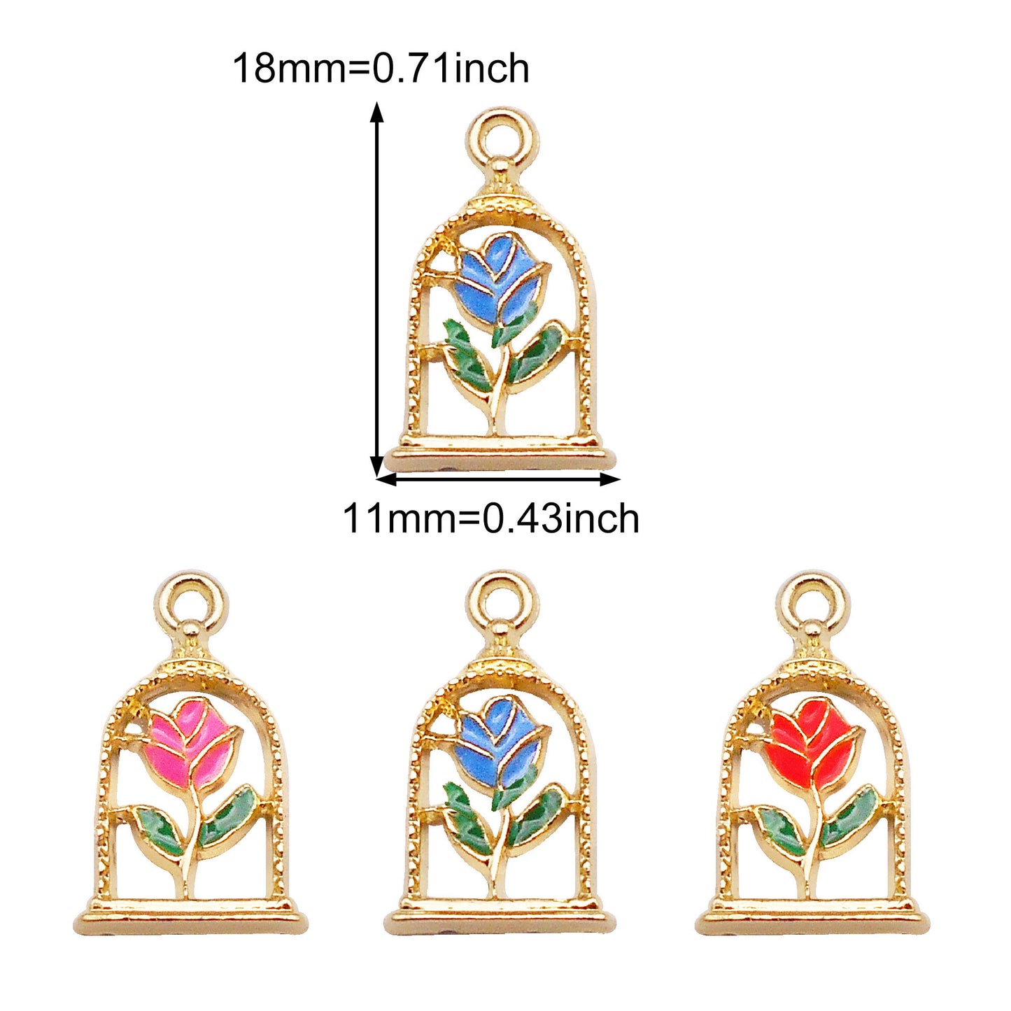 6Pcs Alloy Frame Enamel Rose Charm 11x18mm Flower Pendant for Jewelry Necklace Bracelet Earrings Making DIY Craft Supplies Key Chain Dangle Decor