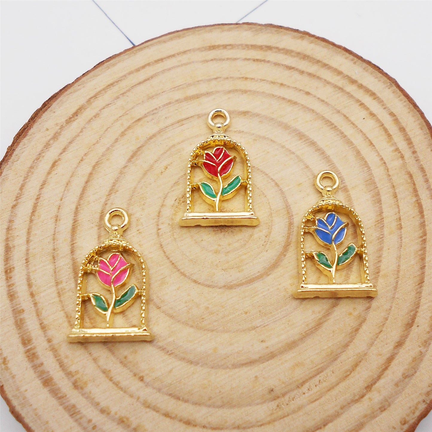 6Pcs Alloy Frame Enamel Rose Charm 11x18mm Flower Pendant for Jewelry Necklace Bracelet Earrings Making DIY Craft Supplies Key Chain Dangle Decor