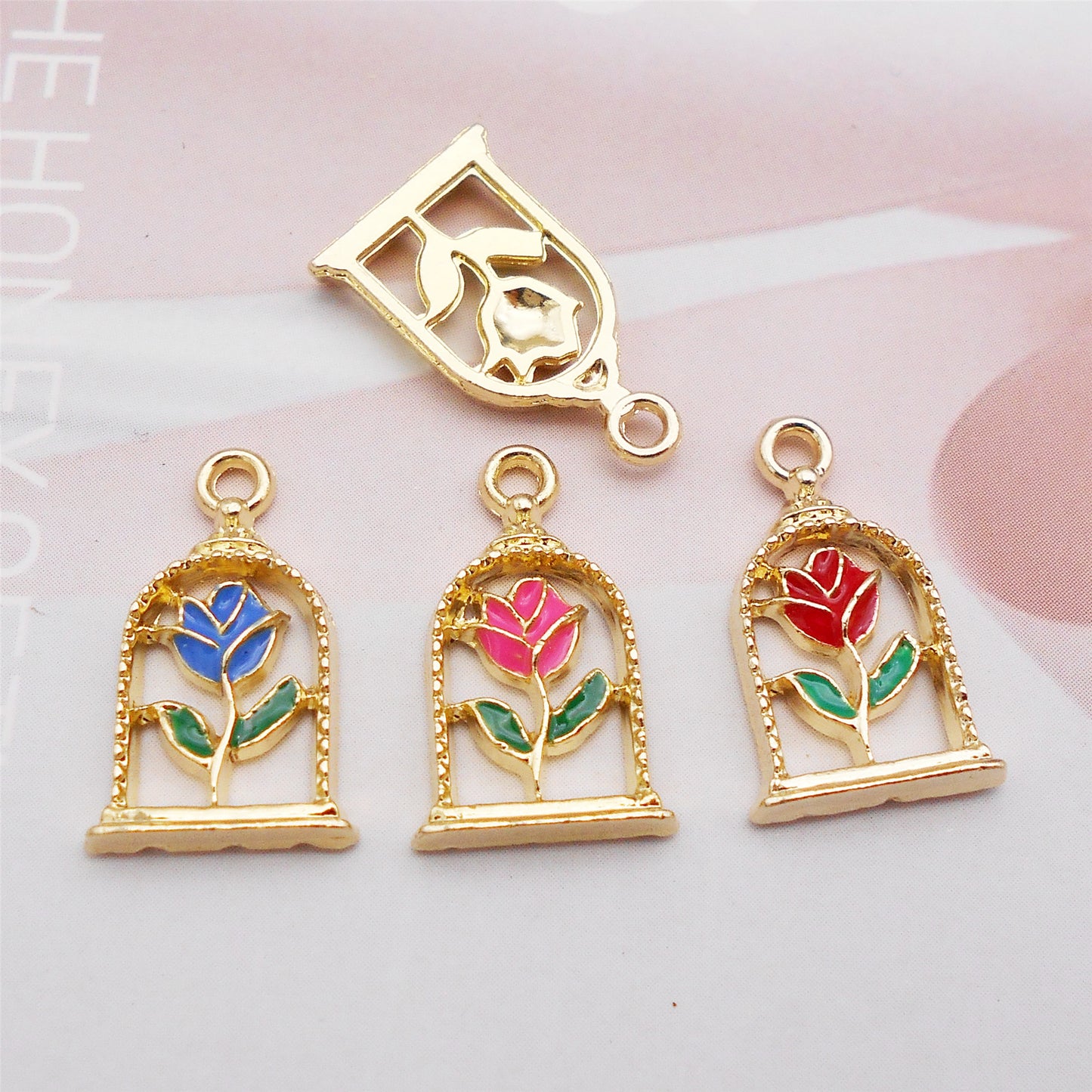 6Pcs Alloy Frame Enamel Rose Charm 11x18mm Flower Pendant for Jewelry Necklace Bracelet Earrings Making DIY Craft Supplies Key Chain Dangle Decor