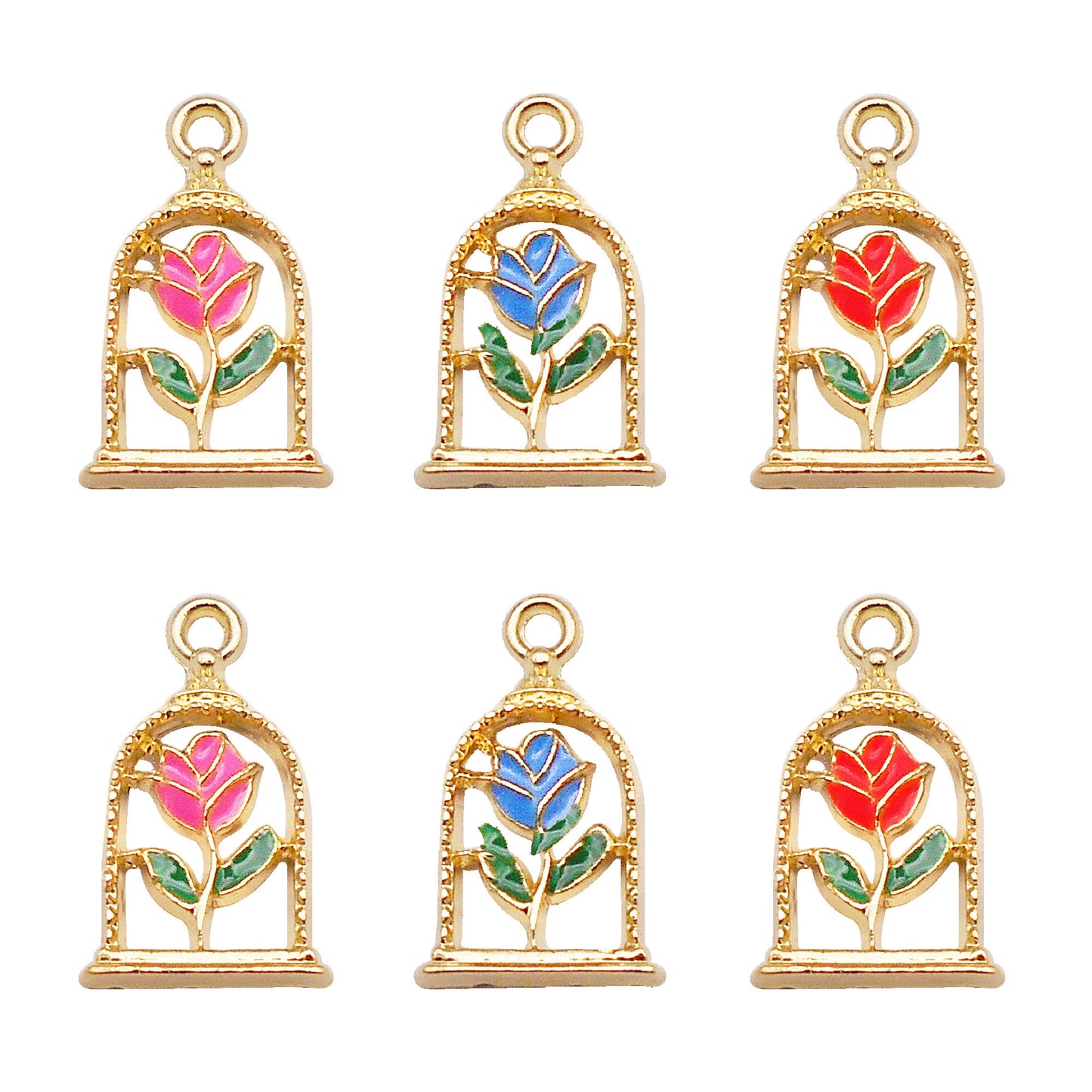 6Pcs Alloy Frame Enamel Rose Charm 11x18mm Flower Pendant for Jewelry Necklace Bracelet Earrings Making DIY Craft Supplies Key Chain Dangle Decor