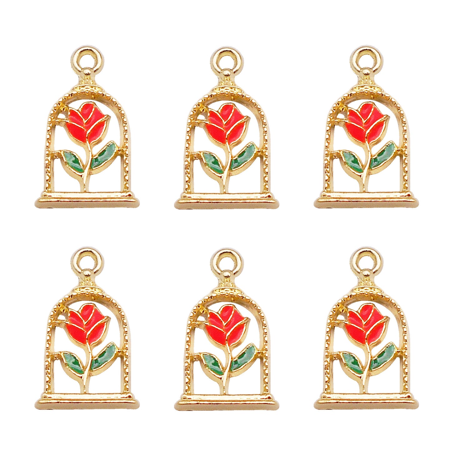 6Pcs Alloy Frame Enamel Rose Charm 11x18mm Flower Pendant for Jewelry Necklace Bracelet Earrings Making DIY Craft Supplies Key Chain Dangle Decor