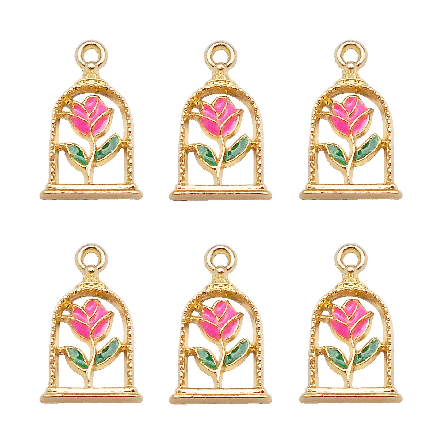 6Pcs Alloy Frame Enamel Rose Charm 11x18mm Flower Pendant for Jewelry Necklace Bracelet Earrings Making DIY Craft Supplies Key Chain Dangle Decor