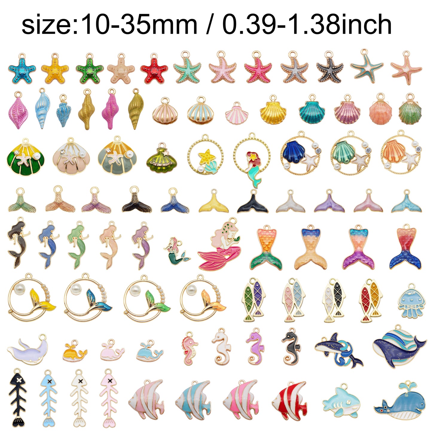 50Pcs Mixed Enamel Marine Life Charm Alloy Conch Starfish Fish Pendant DIY Jewelry Accessory for Necklace Bracelet Earring Making Craft Supplies Keychain Dangle Decor