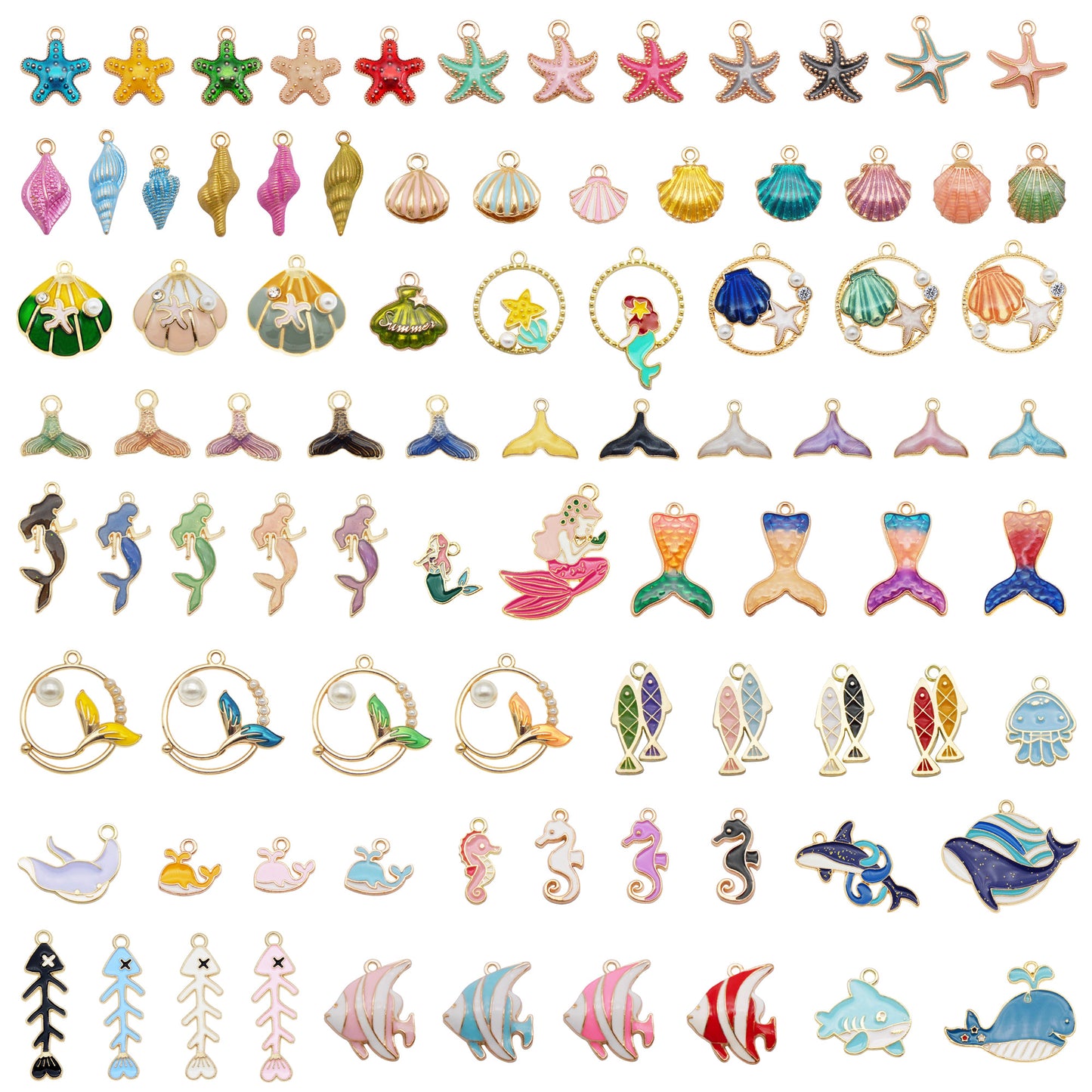 50Pcs Mixed Enamel Marine Life Charm Alloy Conch Starfish Fish Pendant DIY Jewelry Accessory for Necklace Bracelet Earring Making Craft Supplies Keychain Dangle Decor