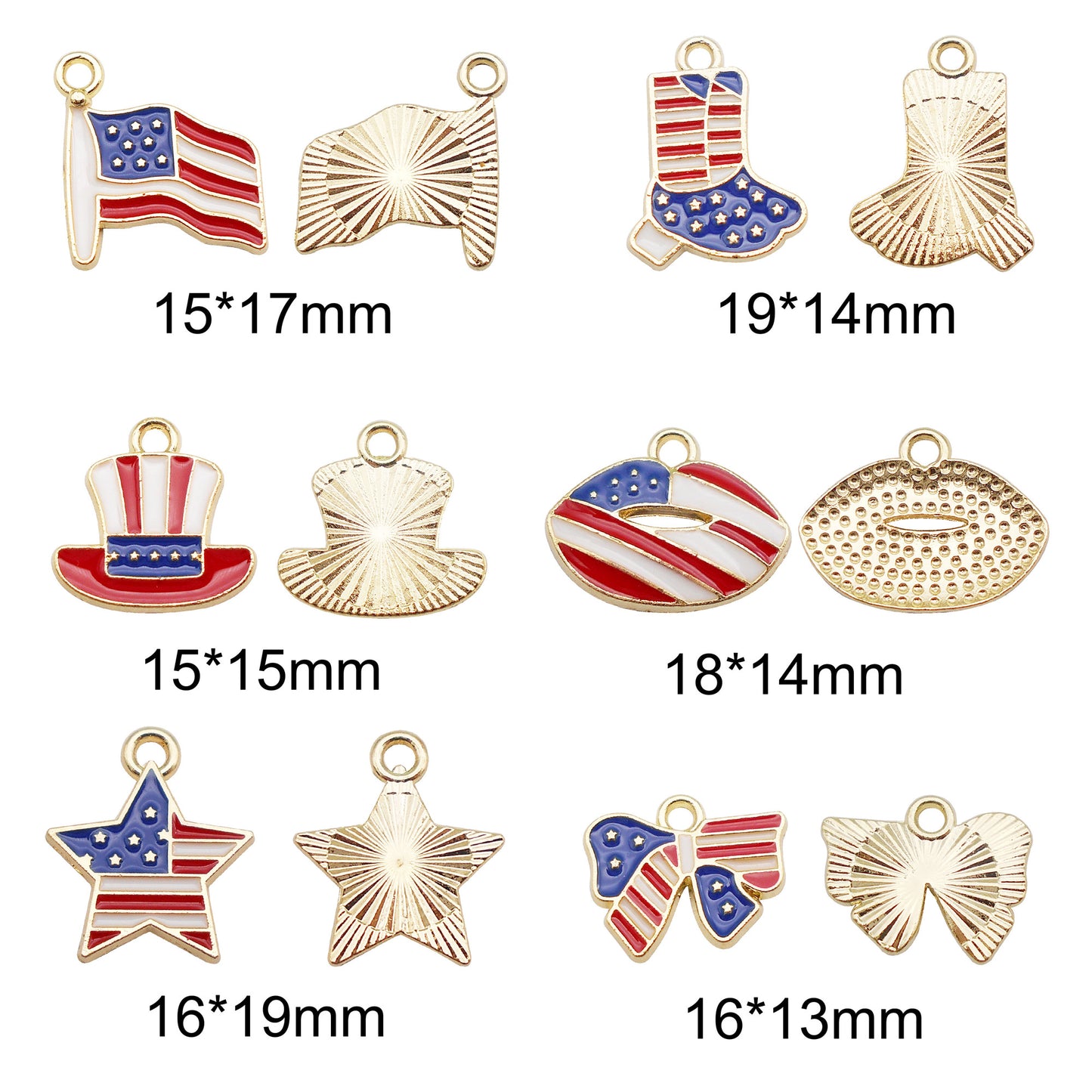 6Pcs American Flag Pattern Charm Gold Bezel Star Hat Design Alloy Pendant for Jewelry Necklace Earrings Making DIY Crafts Decor
