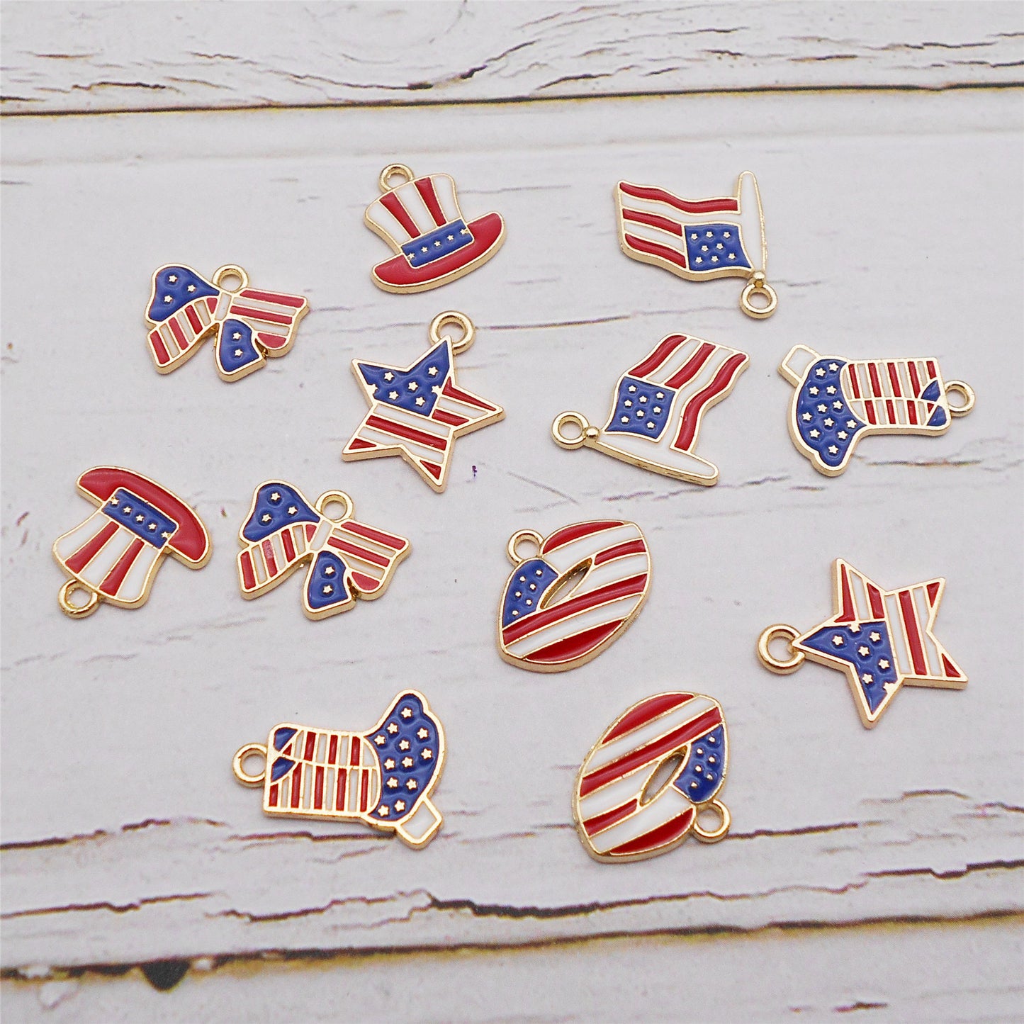 6Pcs American Flag Pattern Charm Gold Bezel Star Hat Design Alloy Pendant for Jewelry Necklace Earrings Making DIY Crafts Decor