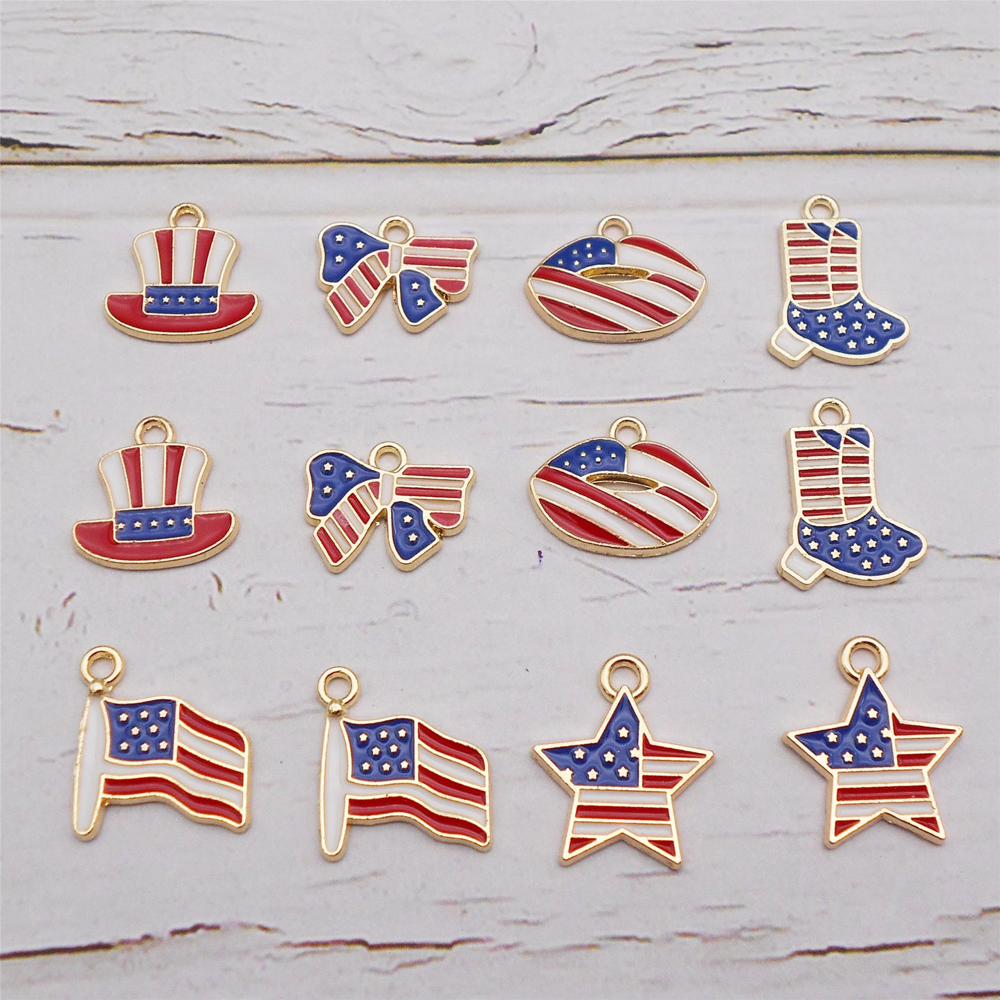 6Pcs American Flag Pattern Charm Gold Bezel Star Hat Design Alloy Pendant for Jewelry Necklace Earrings Making DIY Crafts Decor