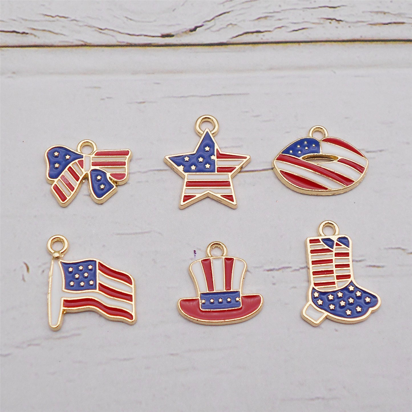 6Pcs American Flag Pattern Charm Gold Bezel Star Hat Design Alloy Pendant for Jewelry Necklace Earrings Making DIY Crafts Decor