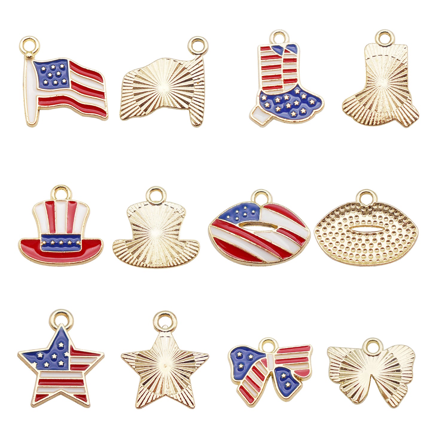 6Pcs American Flag Pattern Charm Gold Bezel Star Hat Design Alloy Pendant for Jewelry Necklace Earrings Making DIY Crafts Decor