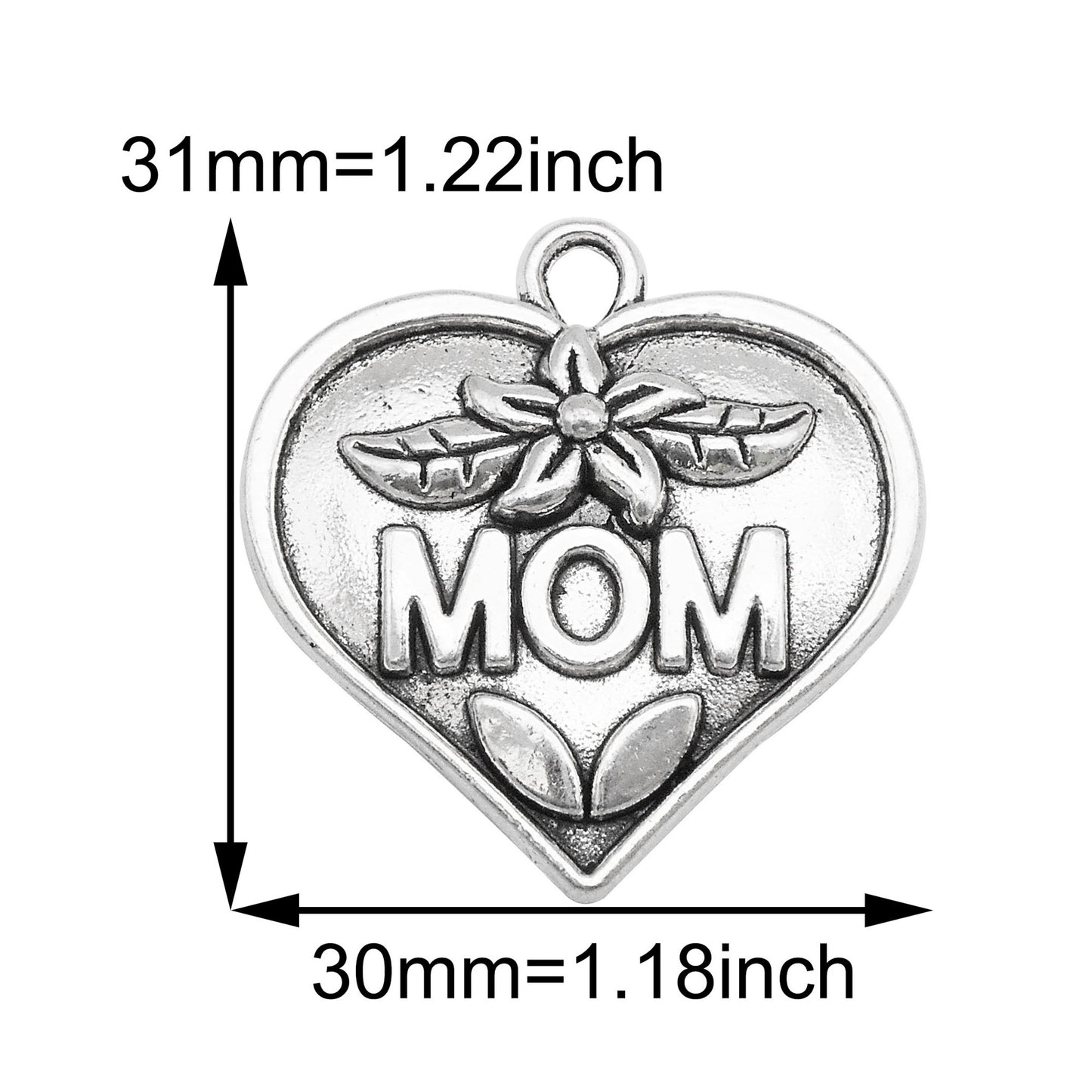 8Pcs Metal Heart Charm with Mom Letter Decor, Mother's Day Pendant for Jewelry Necklace Earrings Making DIY Crafts Supplies Keychain Dangle Decor