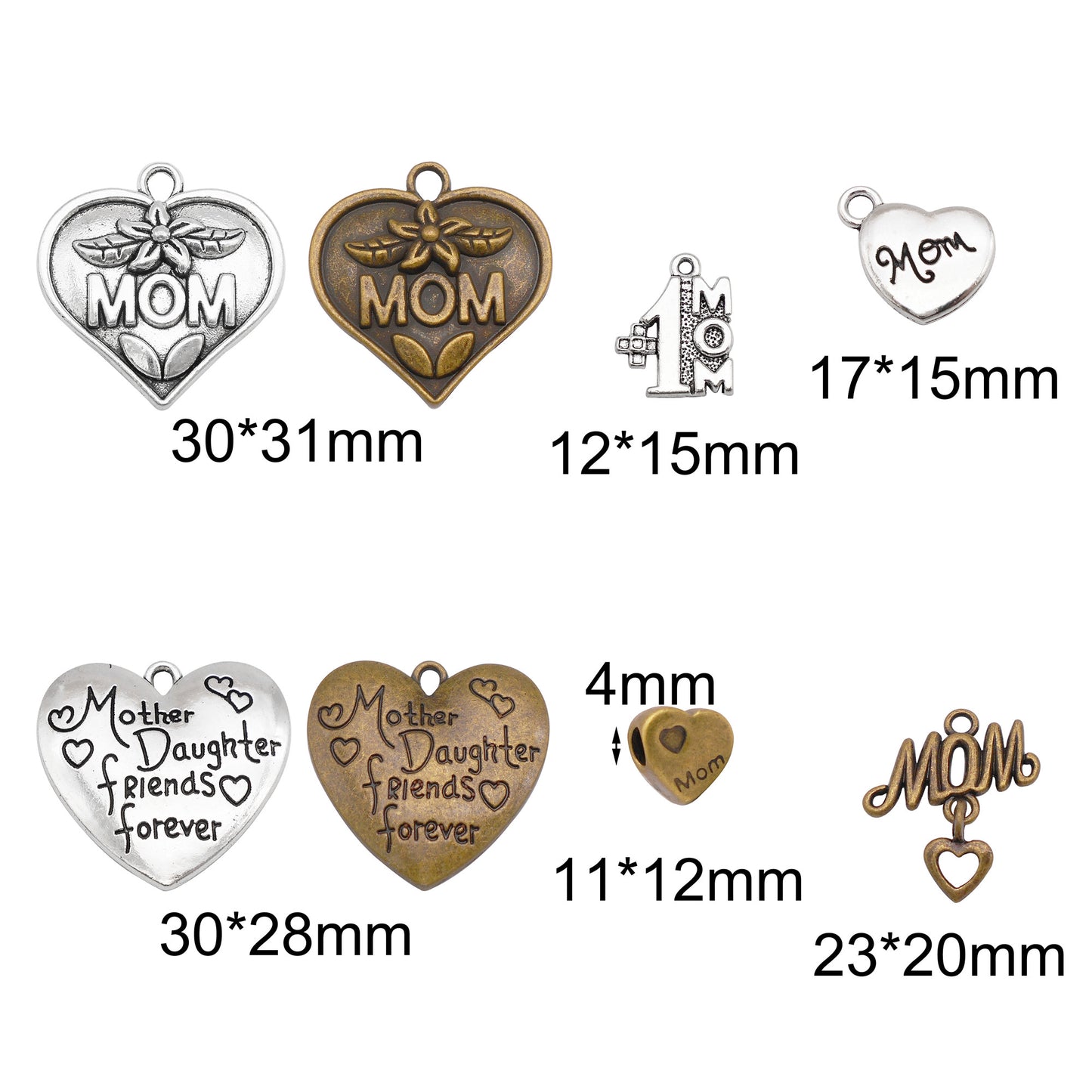 8Pcs Metal Heart Charm with Mom Letter Decor, Mother's Day Pendant for Jewelry Necklace Earrings Making DIY Crafts Supplies Keychain Dangle Decor