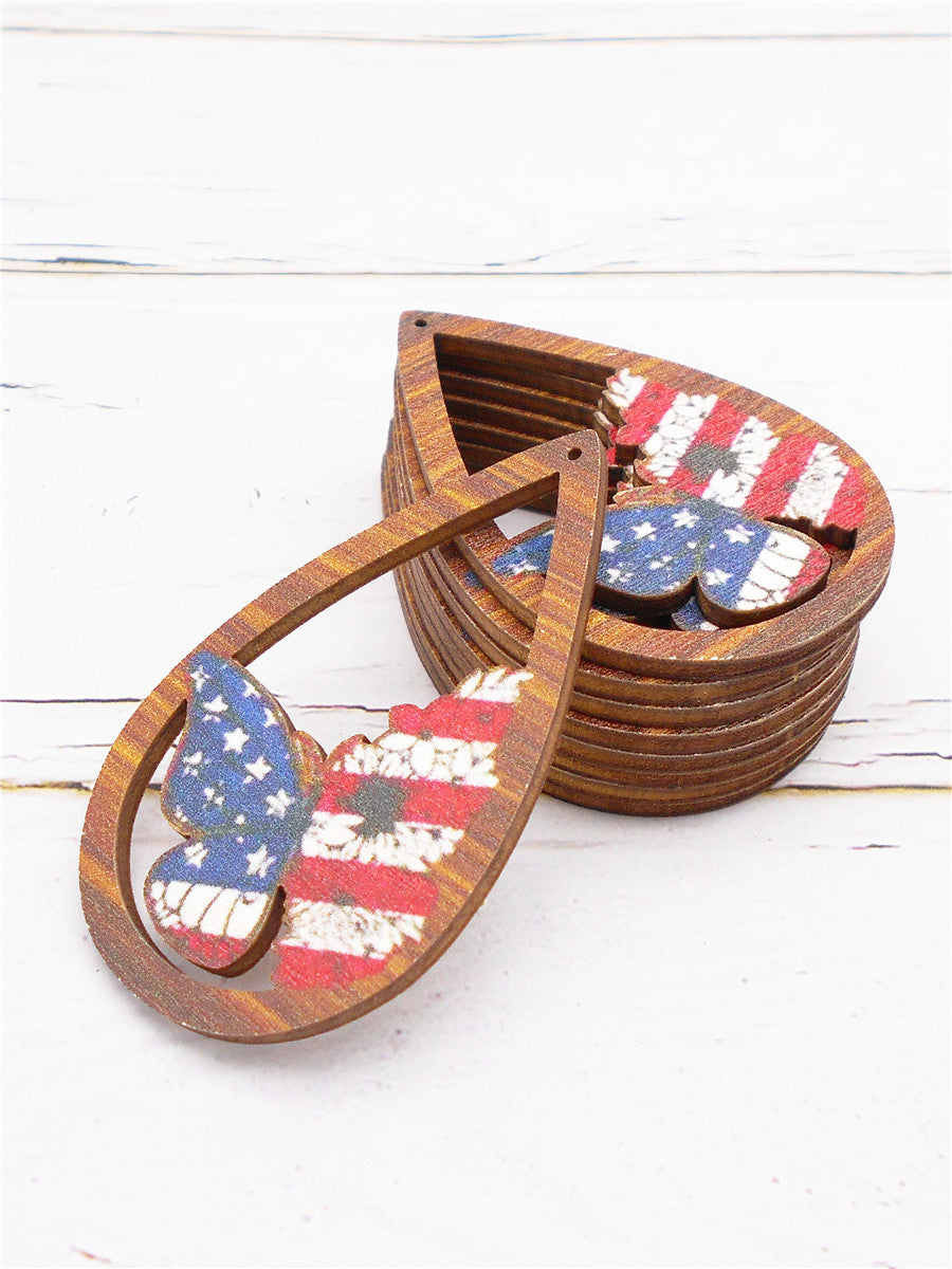 2Pcs Teardrop Frame Butterfly Charm Antiqued Wood American Flag Pattern Dangle for Pendant DIY Jewelry Making Crafts Supplies Phone Chain Decor 59.5x37.5mm