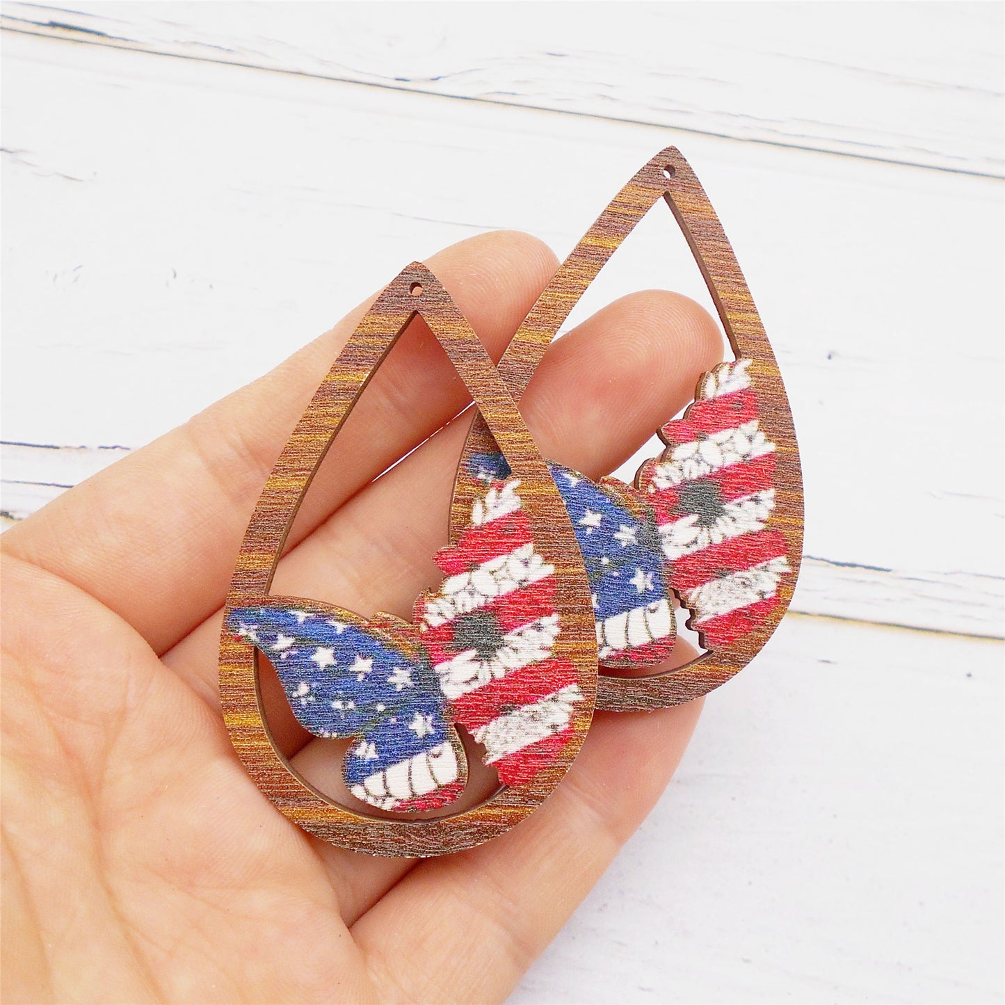 2Pcs Teardrop Frame Butterfly Charm Antiqued Wood American Flag Pattern Dangle for Pendant DIY Jewelry Making Crafts Supplies Phone Chain Decor 59.5x37.5mm