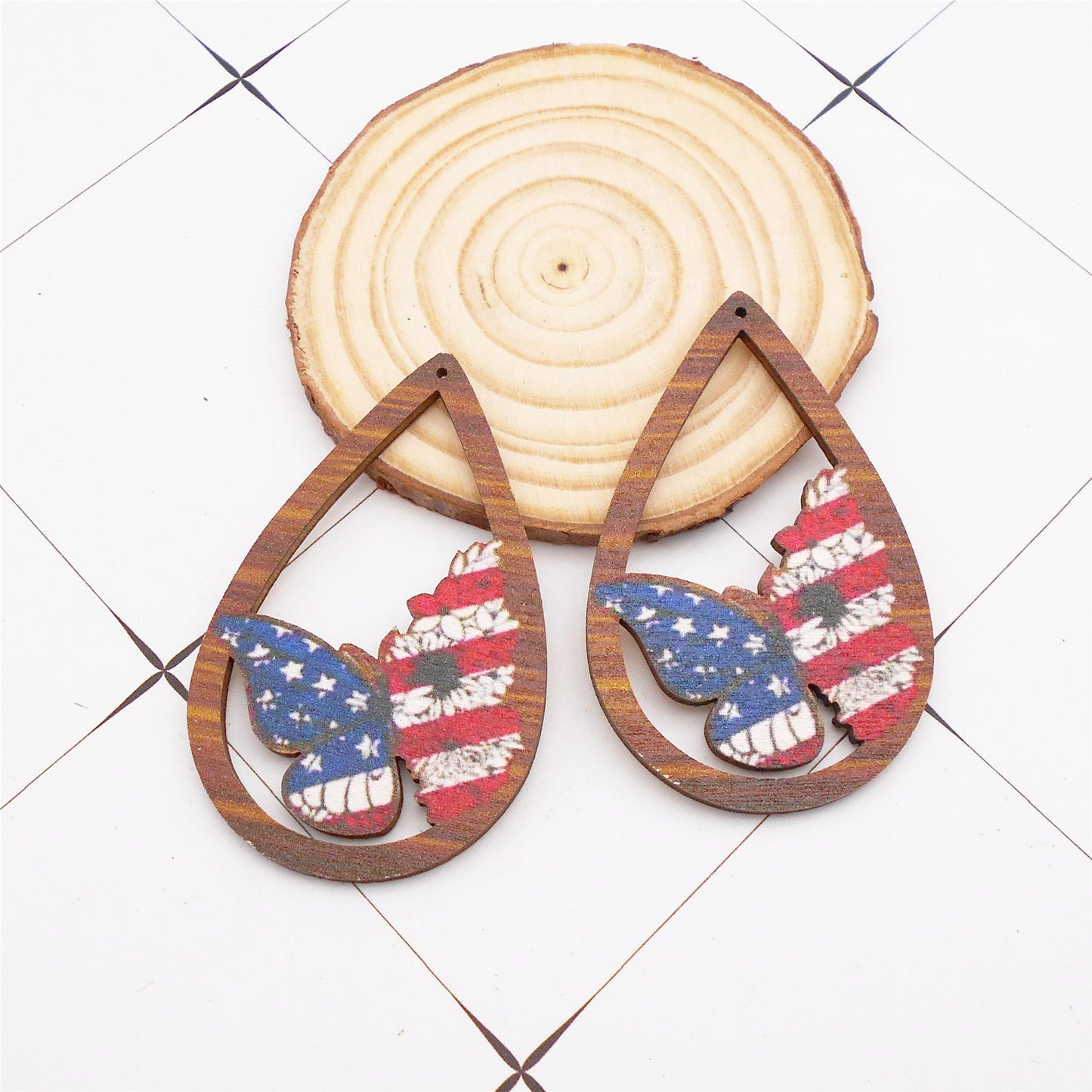 2Pcs Teardrop Frame Butterfly Charm Antiqued Wood American Flag Pattern Dangle for Pendant DIY Jewelry Making Crafts Supplies Phone Chain Decor 59.5x37.5mm