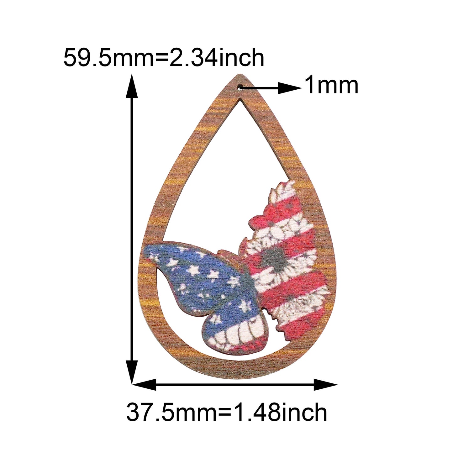 2Pcs Teardrop Frame Butterfly Charm Antiqued Wood American Flag Pattern Dangle for Pendant DIY Jewelry Making Crafts Supplies Phone Chain Decor 59.5x37.5mm