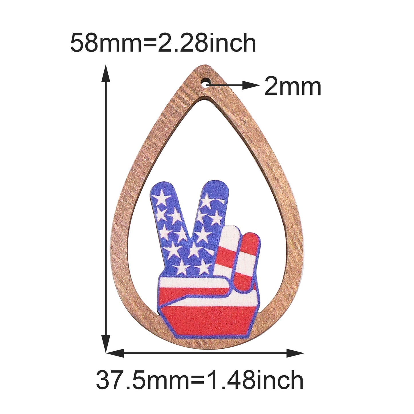 2Pcs Teardrop Frame V Sign Hand Gesture Charms American Flag Pattern Wood Dangle Victory Gesture Design for DIY Pendant Jewelry Making Necklace Bracelet Earrings Decor Crafts Supplies 58x37.5mm