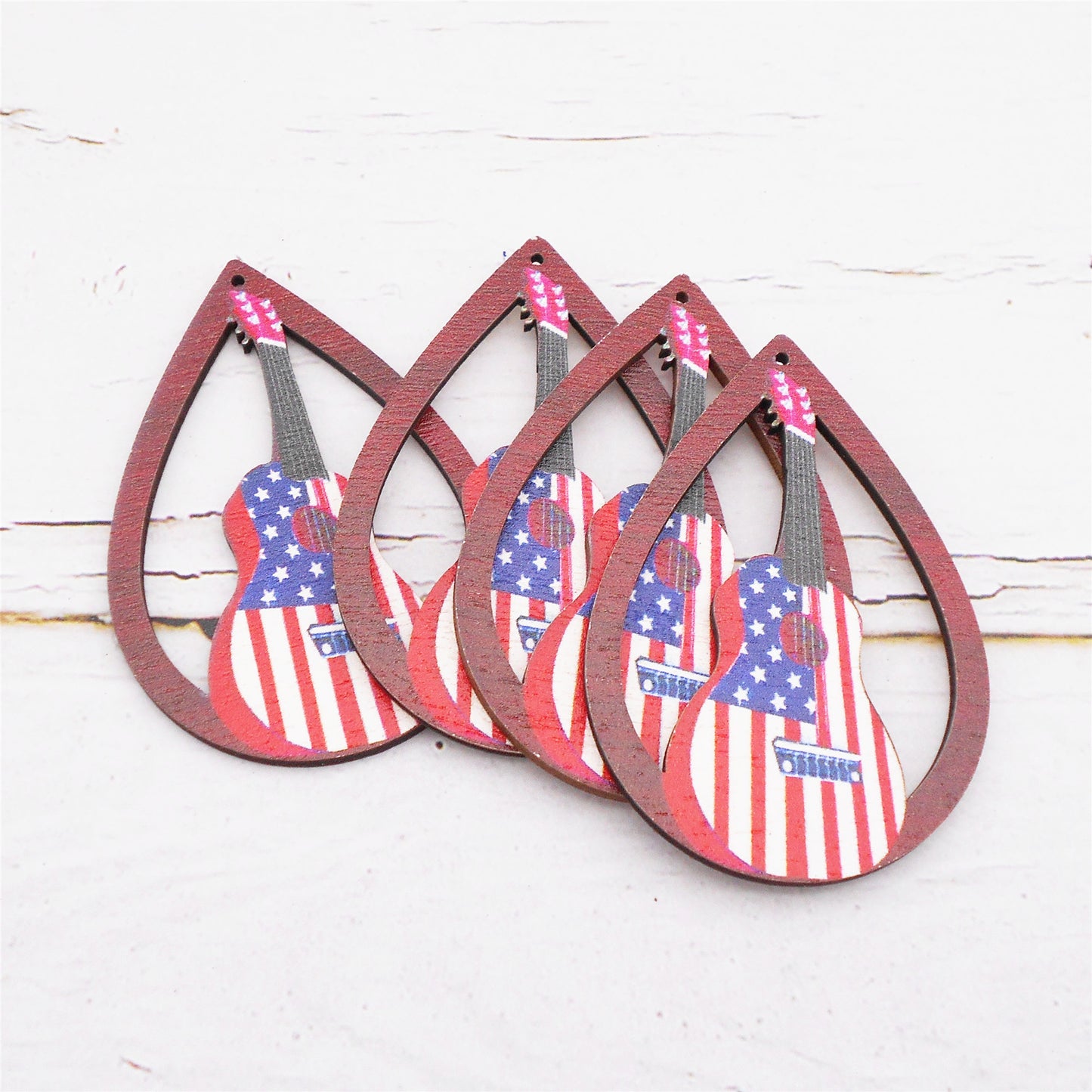 2Pcs Teardrop Frame Guitar Charms 57x41mm American Flag Pattern Wooden Dangle for Pendant Jewelry Making Necklace Bracelet Earrings Decor DIY Crafts Supplies