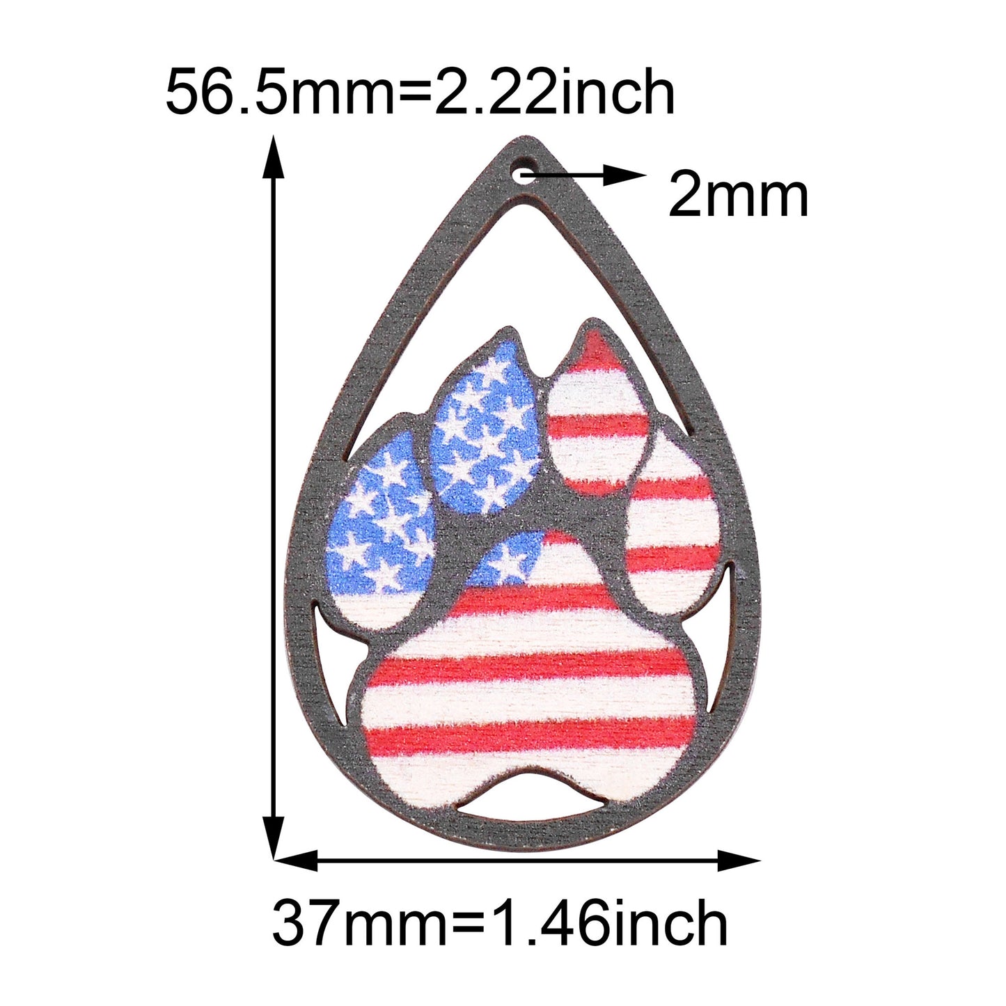 2Pcs Teardrop Frame Bear Paw Print Charms American Flag Pattern Wood Dangle for Pendant Jewelry Making DIY Crafts Supplies Phone Chain Decor 56.5x37mm