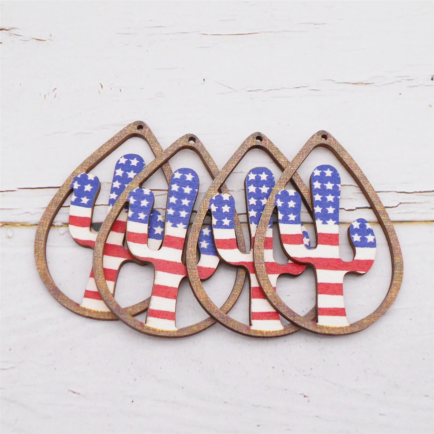 2Pcs Wood Cactus Charms with Teardrop Frame Flat Back Desert Plant Pendant American Flag Pattern Design for Jewelry Making DIY Crafts Supplies 56.5x39mm