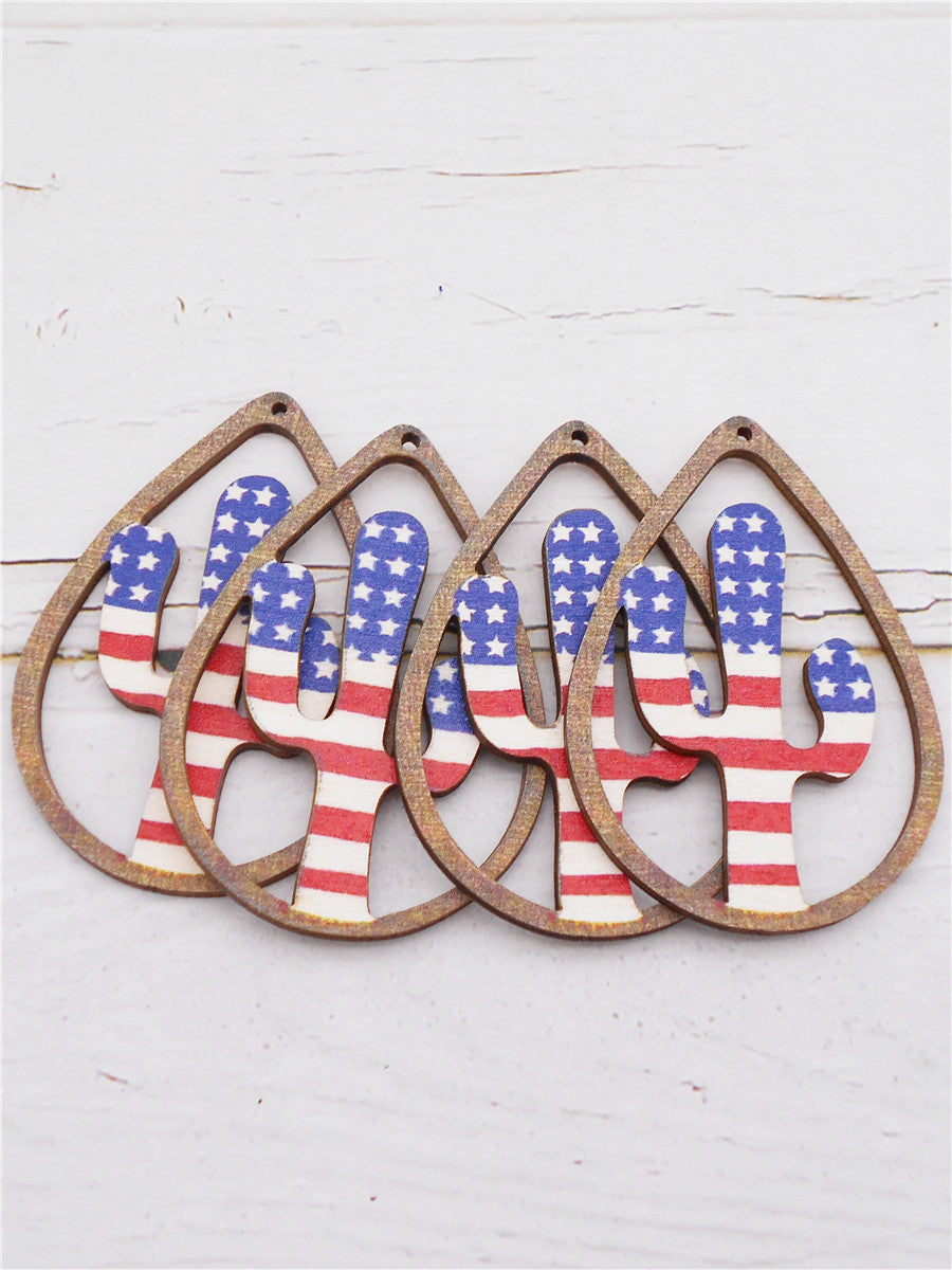 2Pcs Wood Cactus Charms with Teardrop Frame Flat Back Desert Plant Pendant American Flag Pattern Design for Jewelry Making DIY Crafts Supplies 56.5x39mm