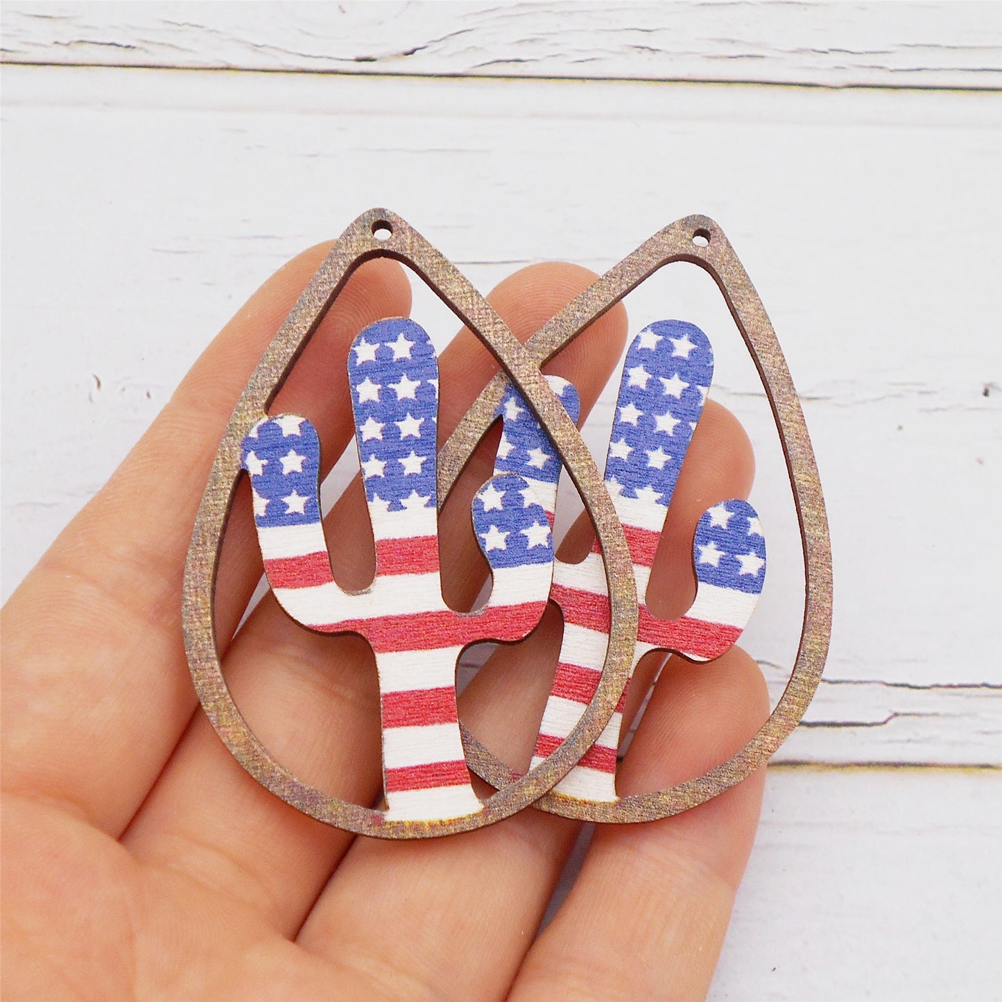 2Pcs Wood Cactus Charms with Teardrop Frame Flat Back Desert Plant Pendant American Flag Pattern Design for Jewelry Making DIY Crafts Supplies 56.5x39mm
