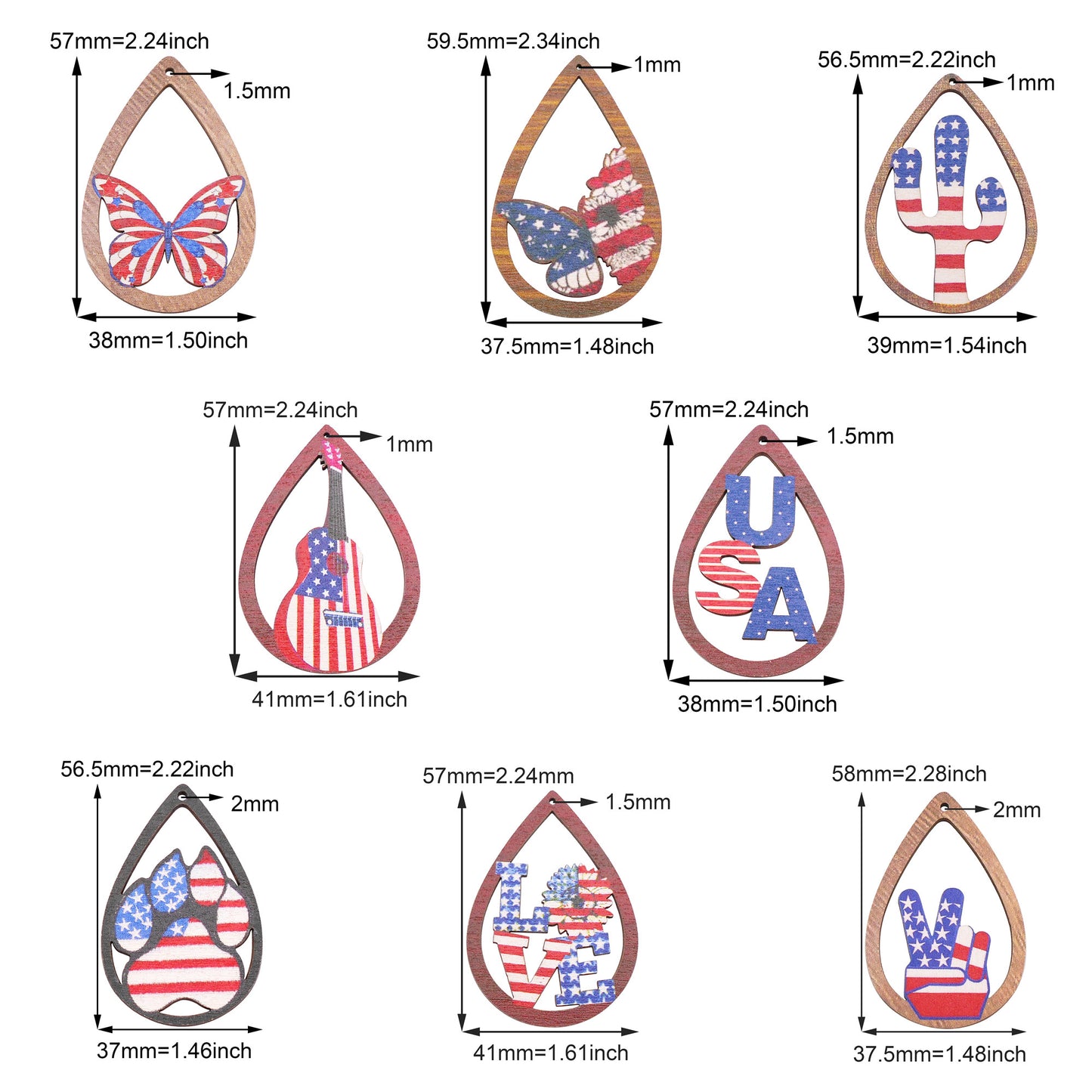 8Pcs Teardrop Frame Butterfly Bear Paw Print Charms American Flag Pattern Design Wooden Dangle for Jewelry Making DIY Crafts Decor